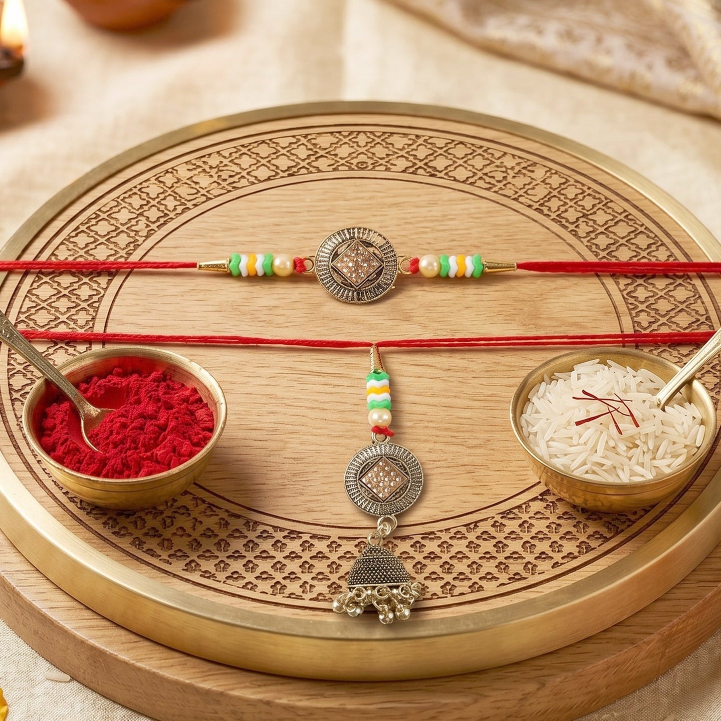 Flat lay shot of Bhabhi Rakhi showing detailed design and latkan