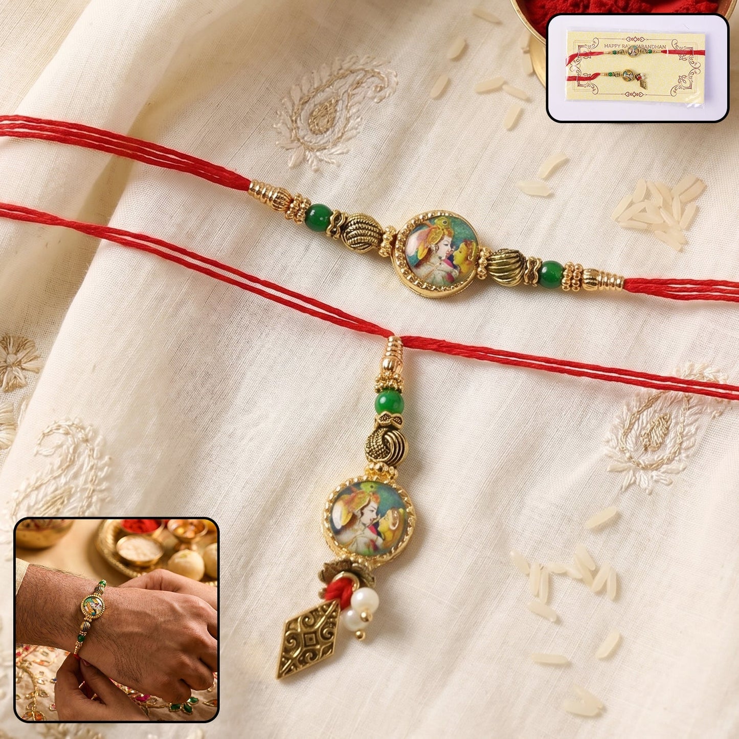 Peacock Charm Bhabhi Rakhi on white background with vivid beads