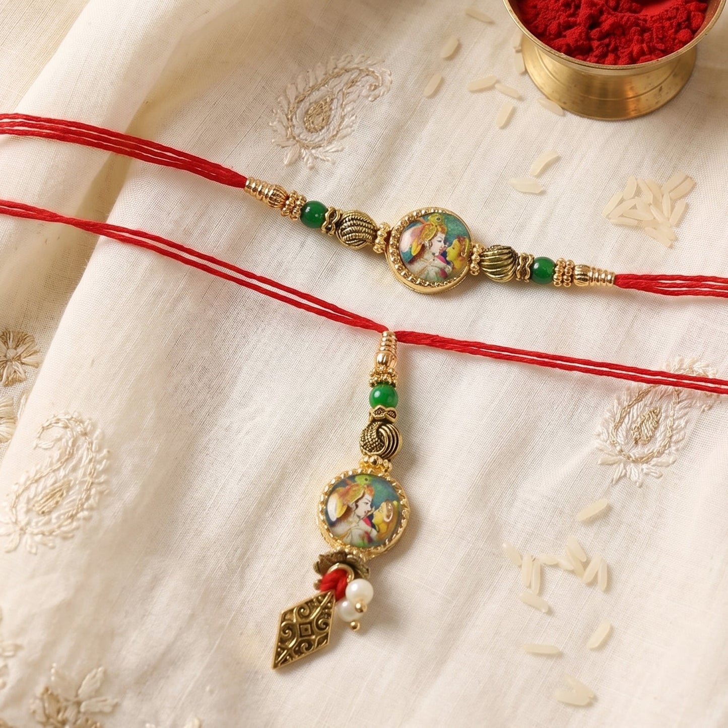 Side angle showcasing the charm and colorful beads of the Bhabhi Rakhi