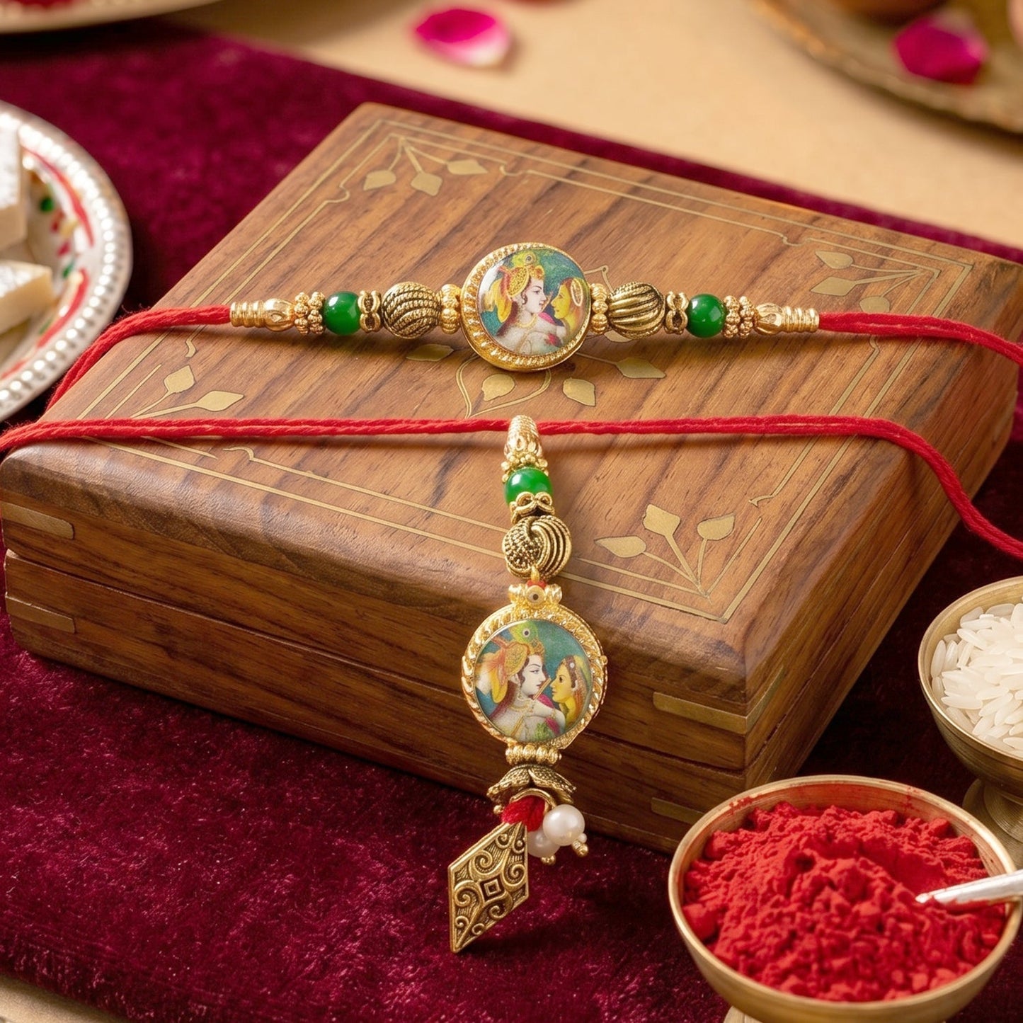 Close-up of Peacock Charm Bhabhi Rakhi with colorful beads and traditional design