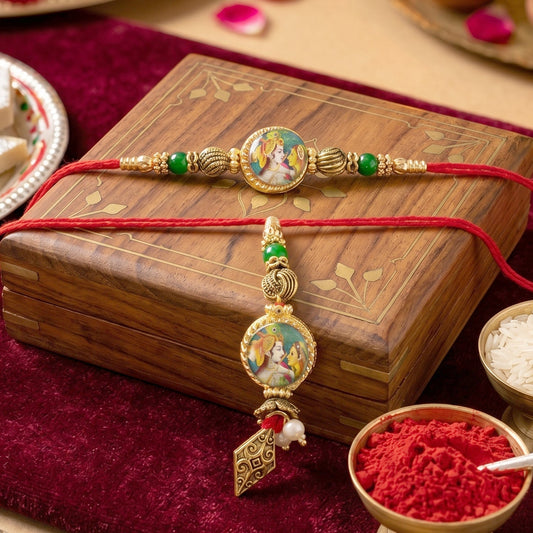 Close-up of Peacock Charm Bhabhi Rakhi with colorful beads and traditional design