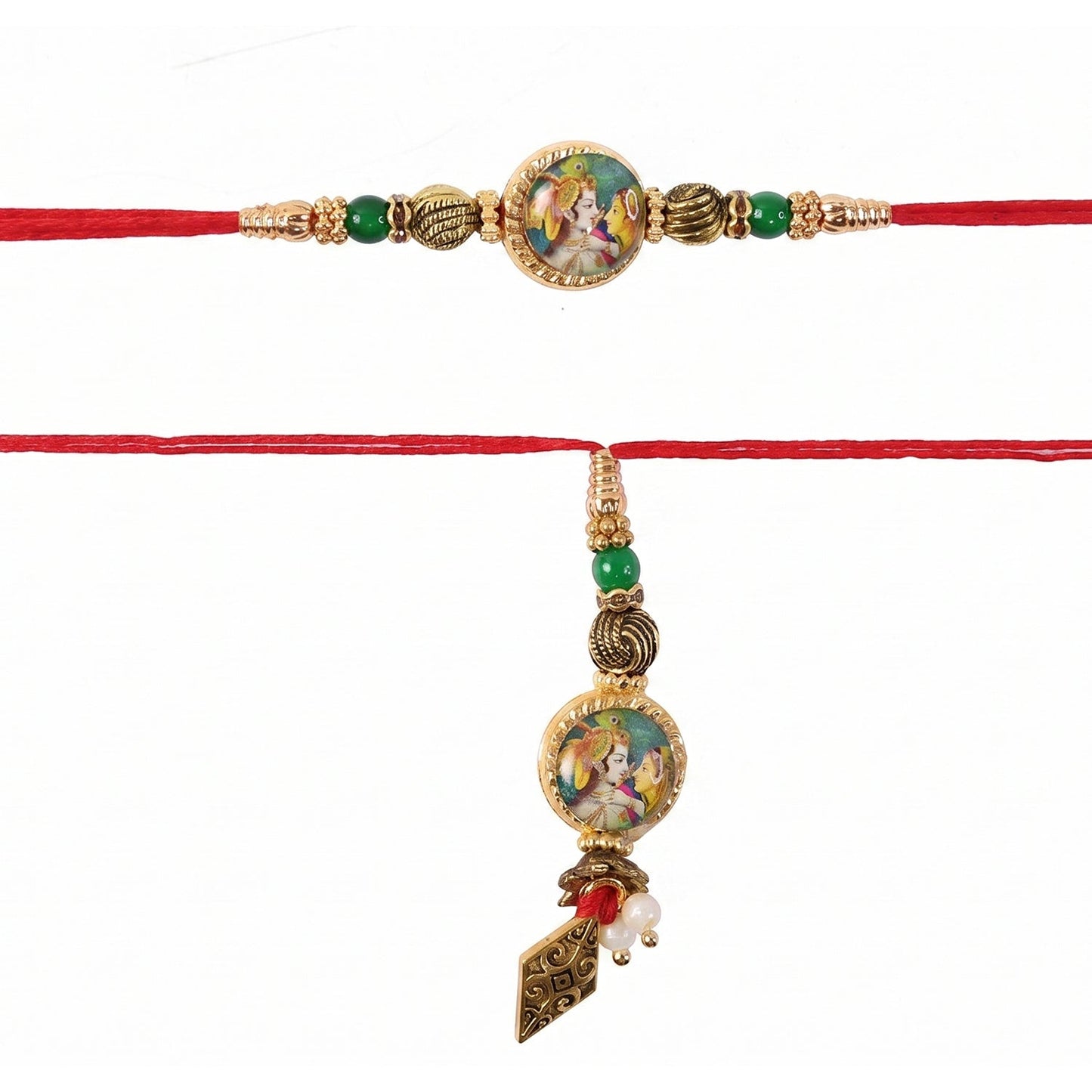 Close-up of colorful beads on Peacock Charm Bhabhi Rakhi showing craftsmanship