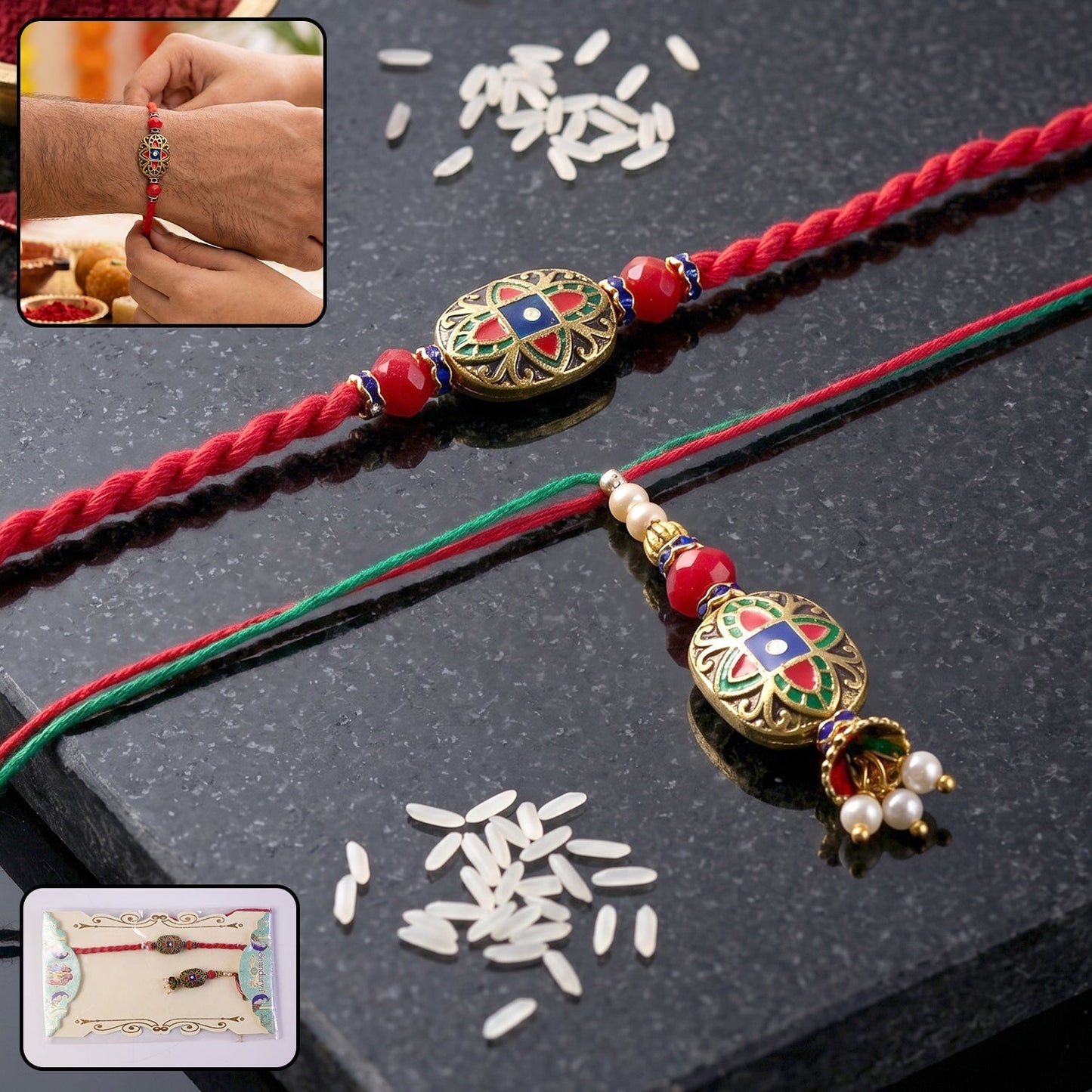 Close-up of a colorful meenakari Bhabhi Rakhi with pearl latkan