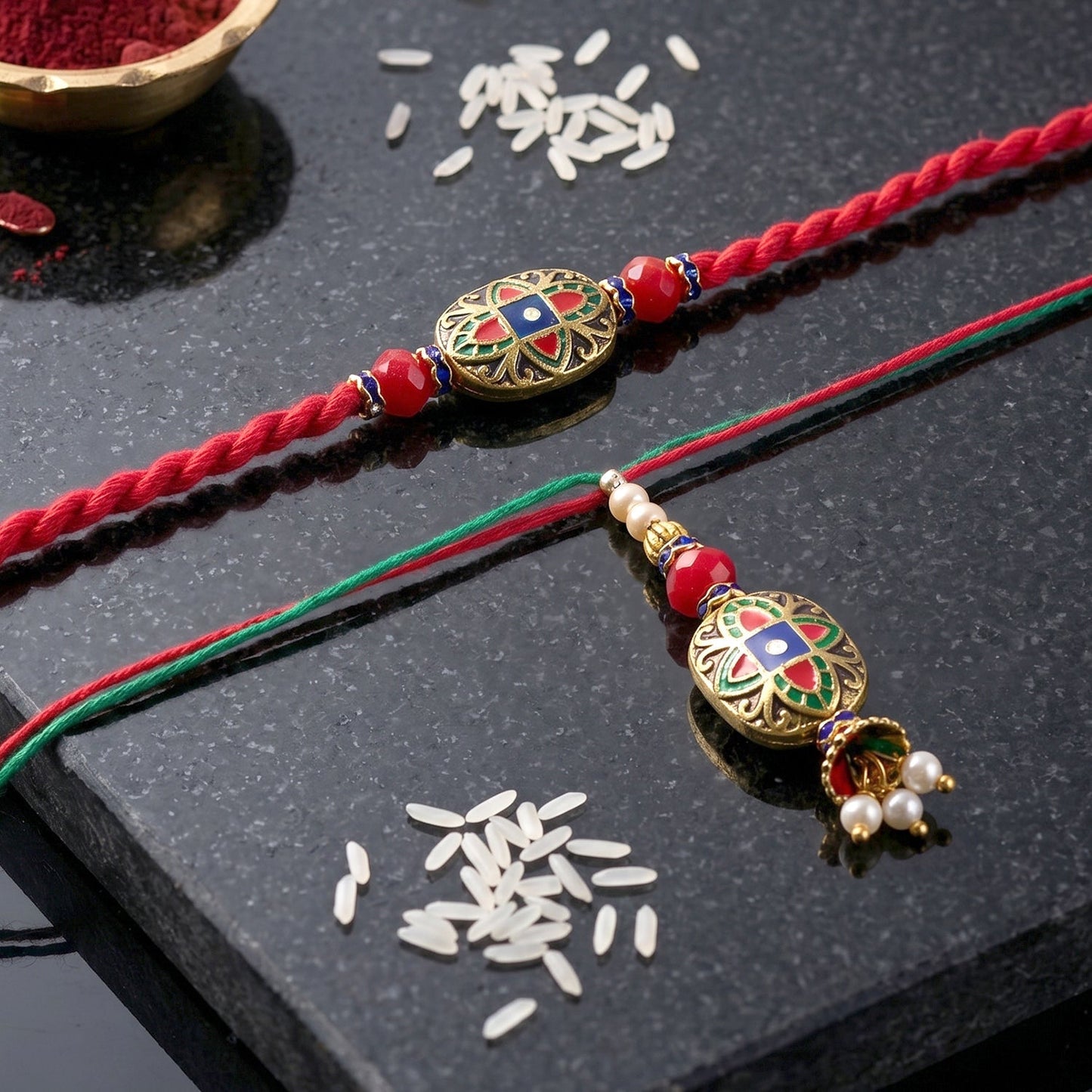 Detailed close-up of colorful thread and pearl decorations on Bhabhi Rakhi