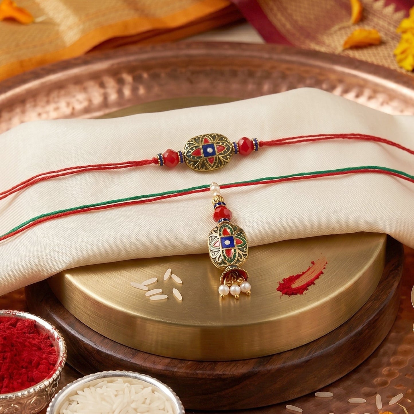 White background shot of meenakari Bhabhi Rakhi with pearl latkan
