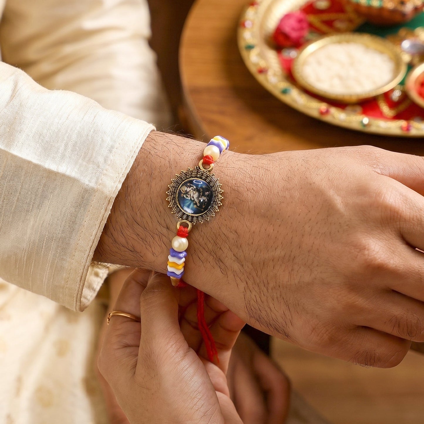 Traditional Bhabhi Rakhi with latkan and bead design
