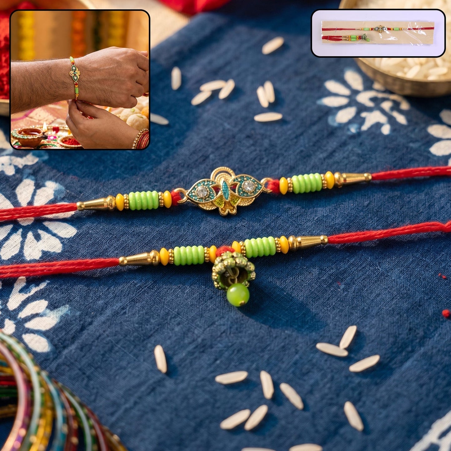 Full length of Om Peacock Bhabhi Rakhi with bright beads