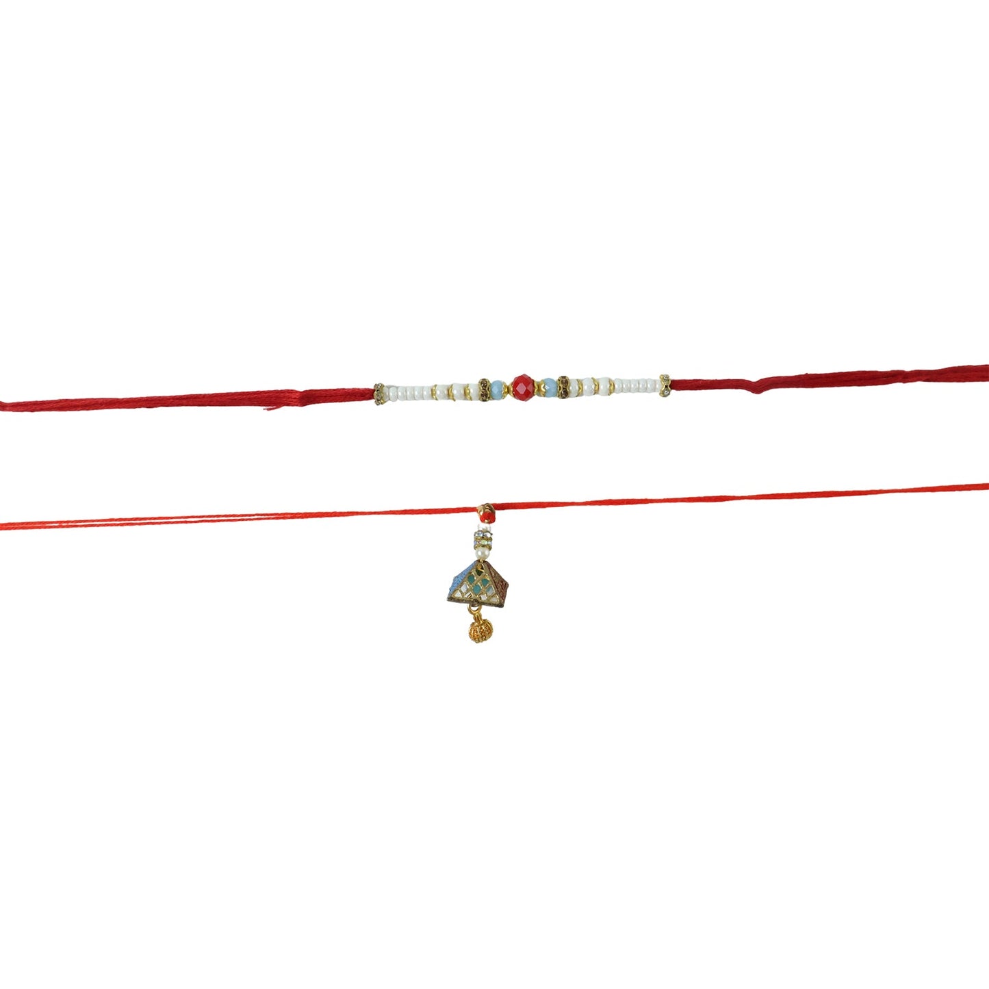 Side view of Minimal Bead Bhabhi Rakhi with latkan detail