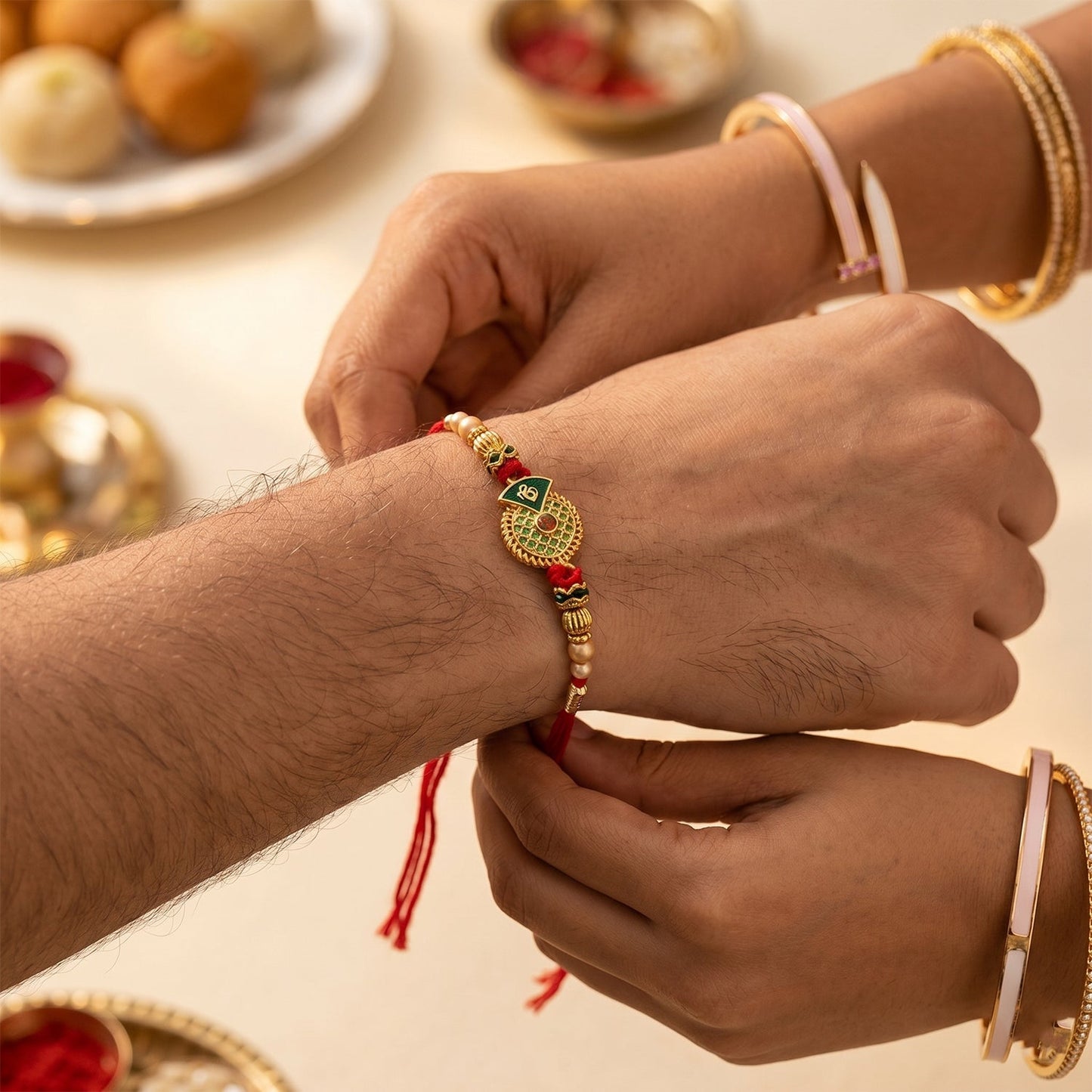 Elegant Pearl Latkan on floral stone Rakhi for Bhabhi
