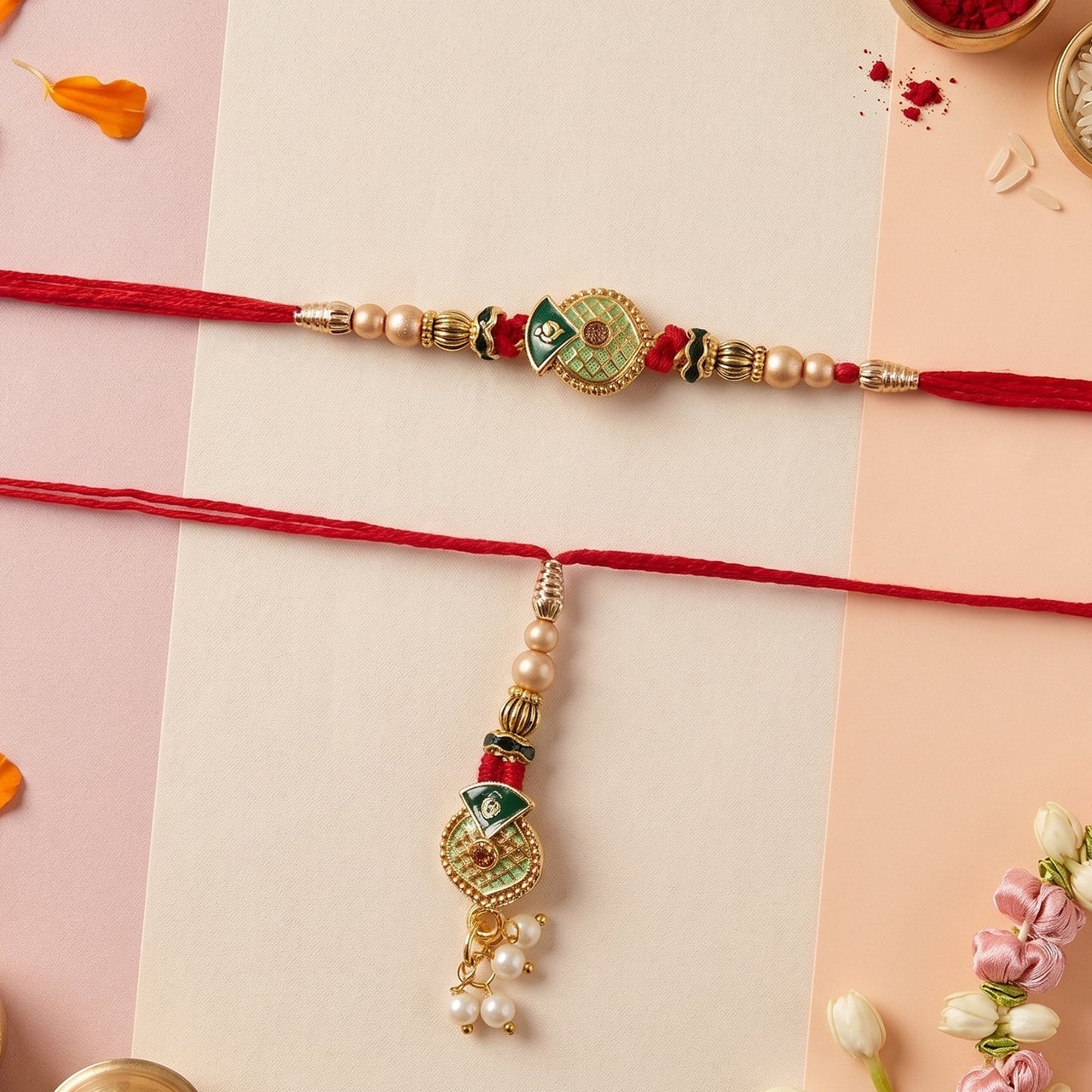 Full length of traditional Floral Stone Bhabhi Rakhi