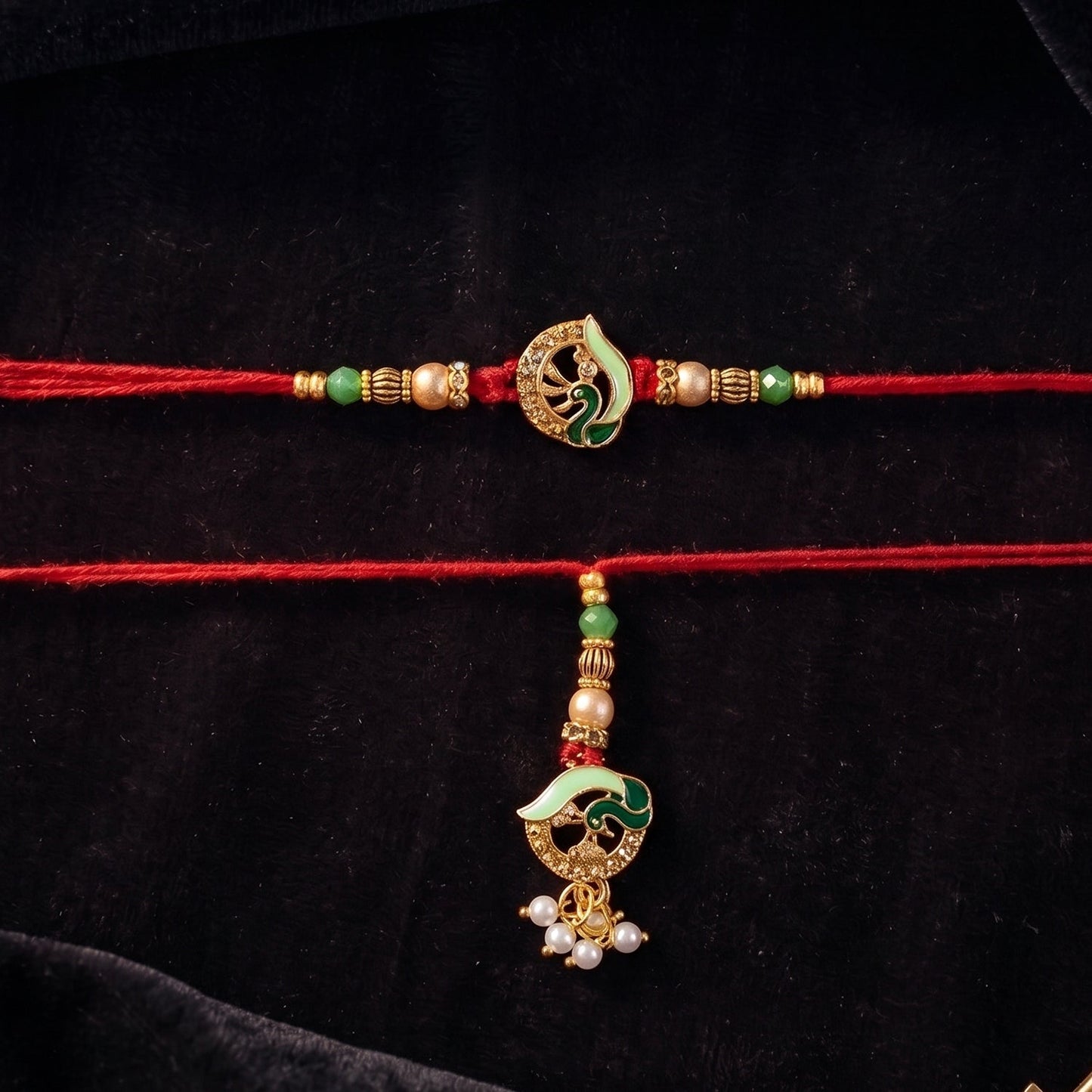Side angle showcasing the detailed design of Peacock Stone Bhabhi Rakhi