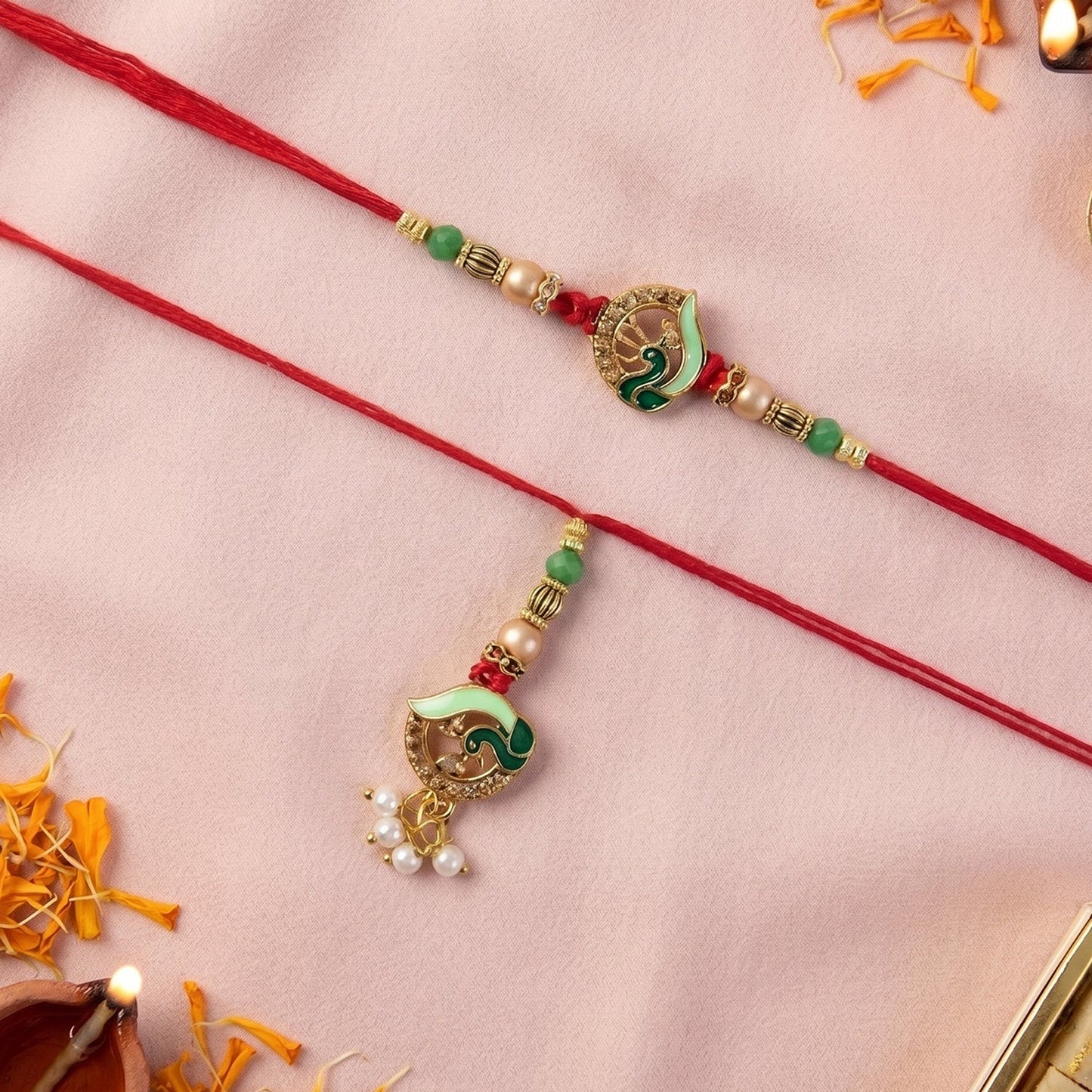 Front view of Peacock Stone Bhabhi Rakhi with pearl drop, handcrafted and elegant