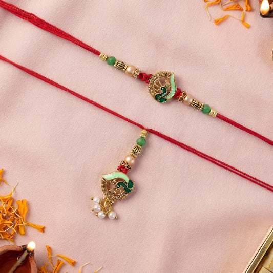 Front view of Peacock Stone Bhabhi Rakhi with pearl drop, handcrafted and elegant