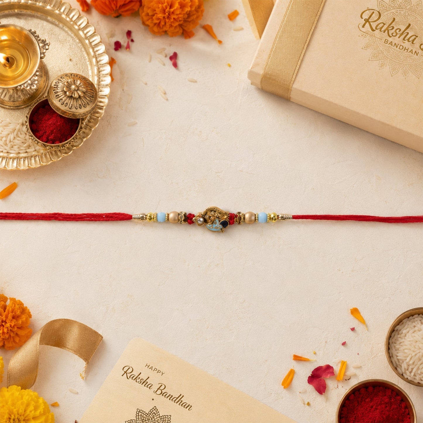 Top view of Pearl Bead Bhabhi Rakhi showing bead design