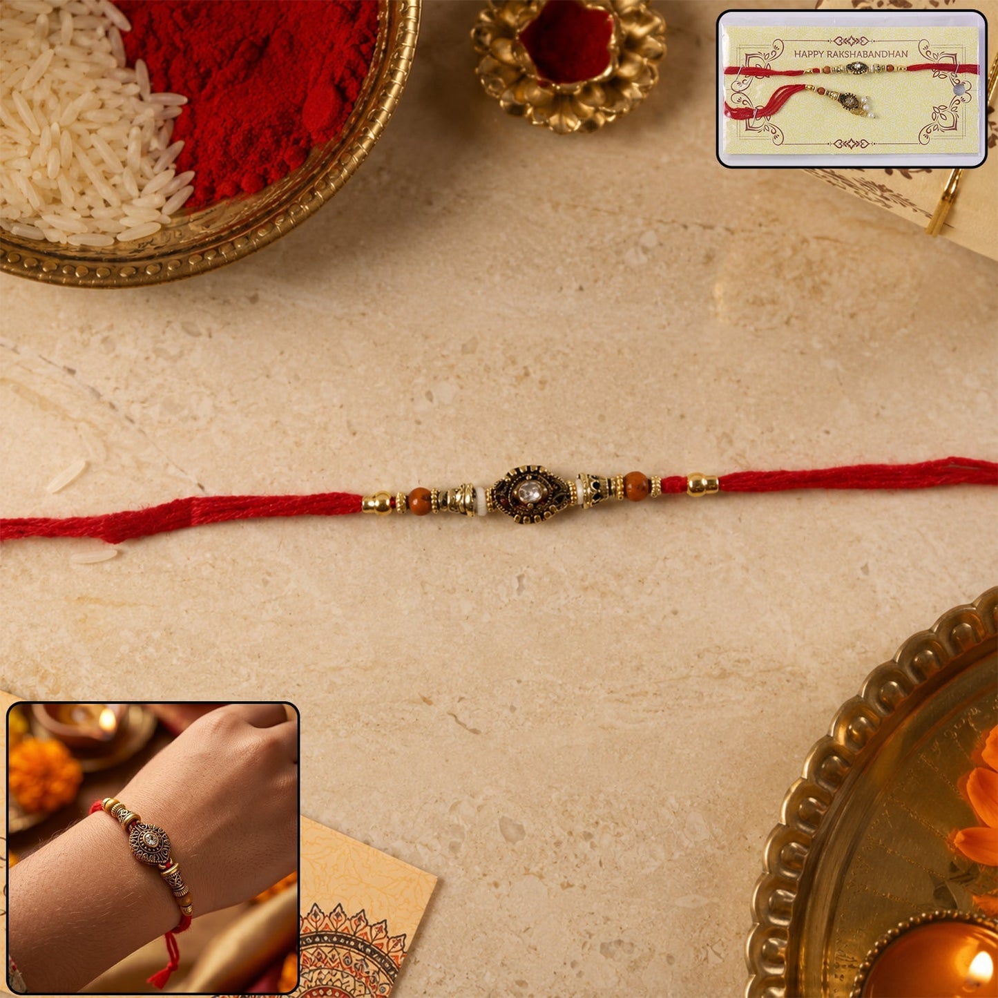 Antique stone Bhabhi Rakhi with pearl bead accents