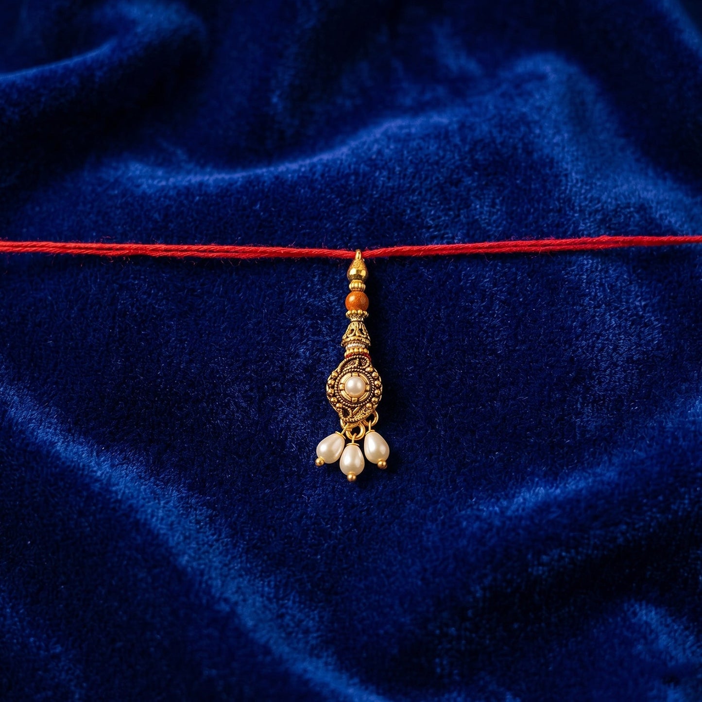 Top view of Antique stone Bhabhi Rakhi showing pearl bead detailing