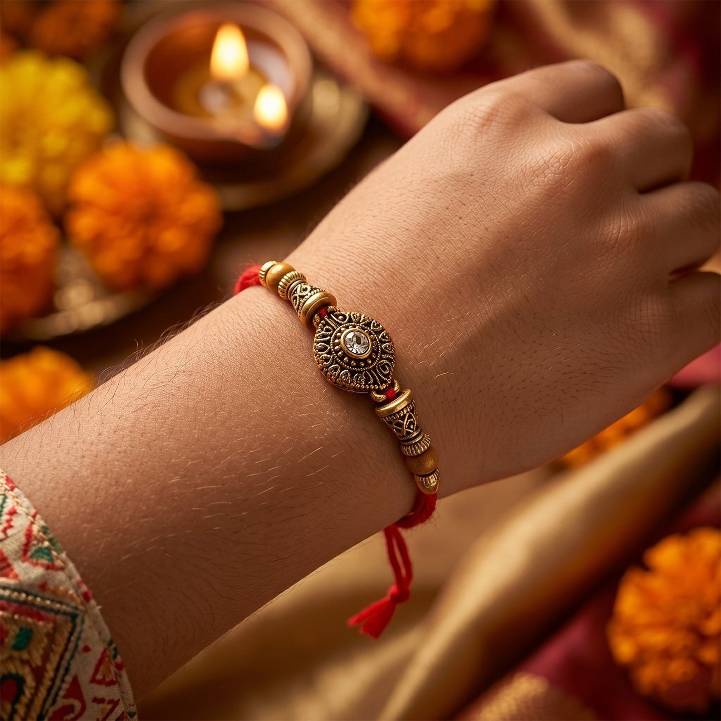 Layout of Antique stone Bhabhi Rakhi with pearl beads