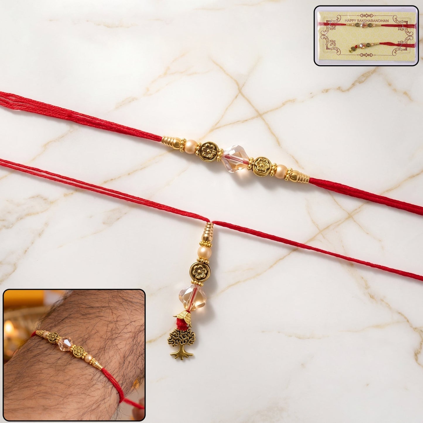 Close-up of Golden Peacock Bhabhi Rakhi with pearl latkan design