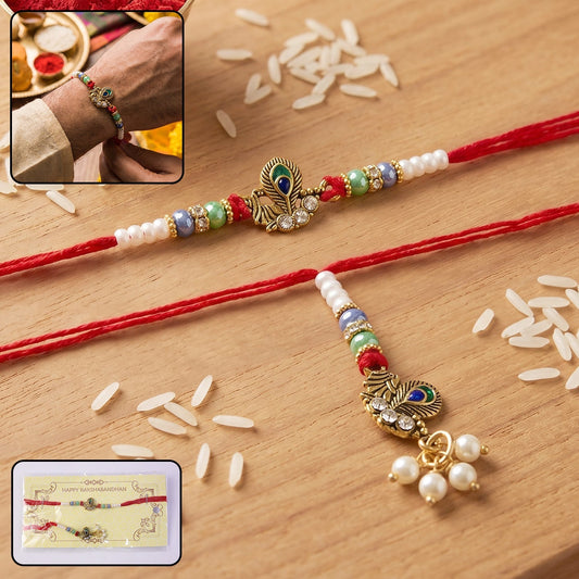 Pearl Cluster Bhabhi Rakhi with peacock charm on white background