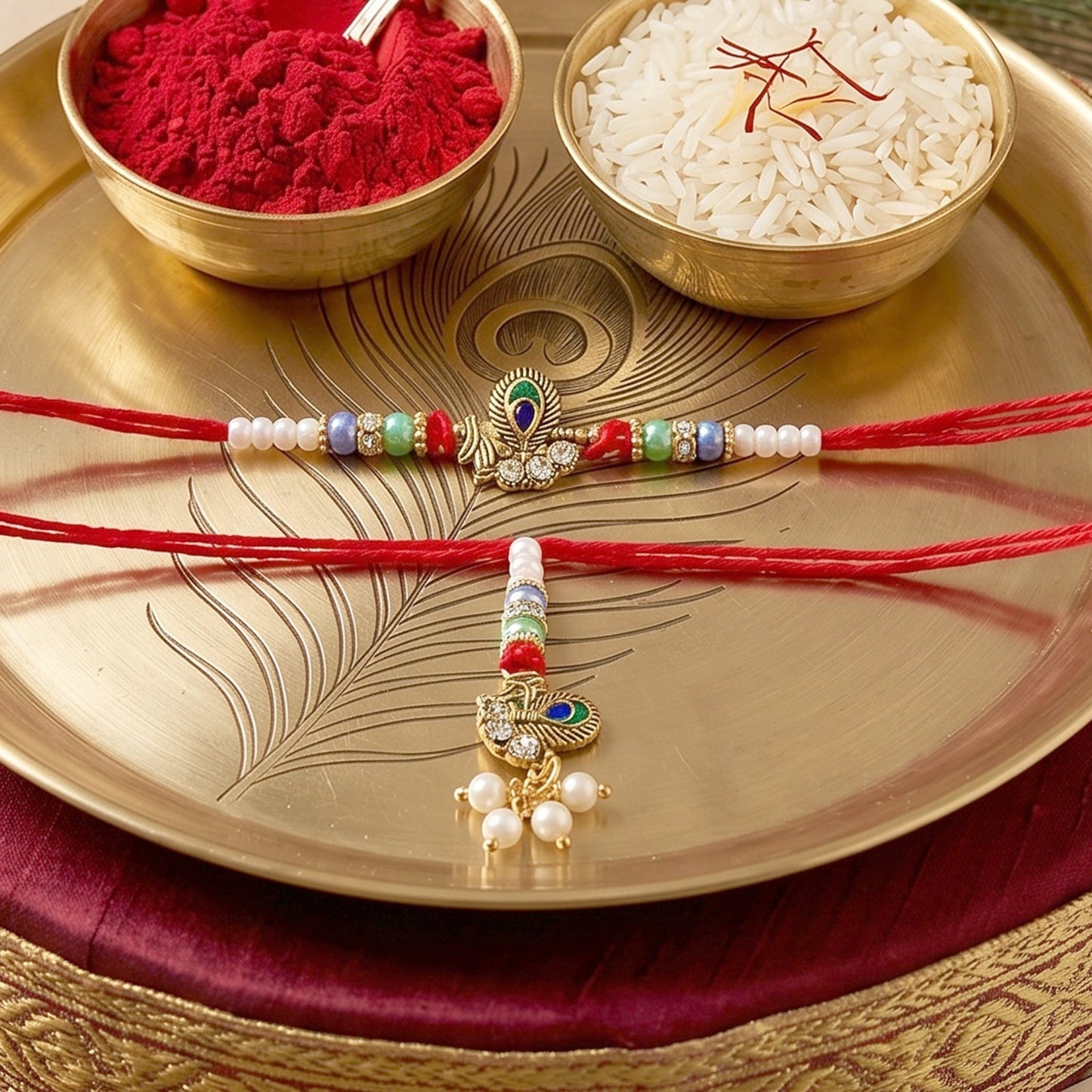 Bhabhi Rakhi with peacock charm displayed on festive background