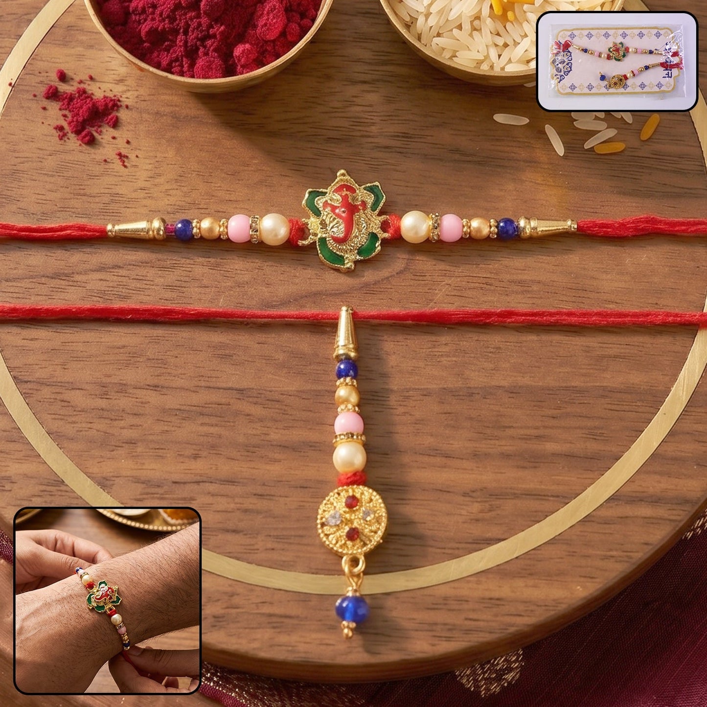 Close-up of Floral Peacock Bhabhi Rakhi with pastel beads