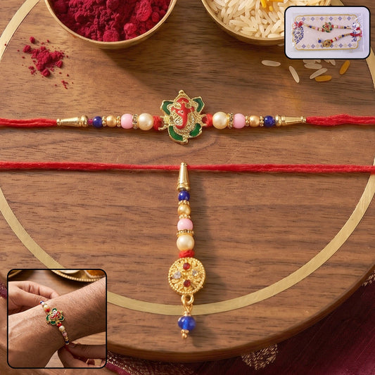 Close-up of Floral Peacock Bhabhi Rakhi with pastel beads