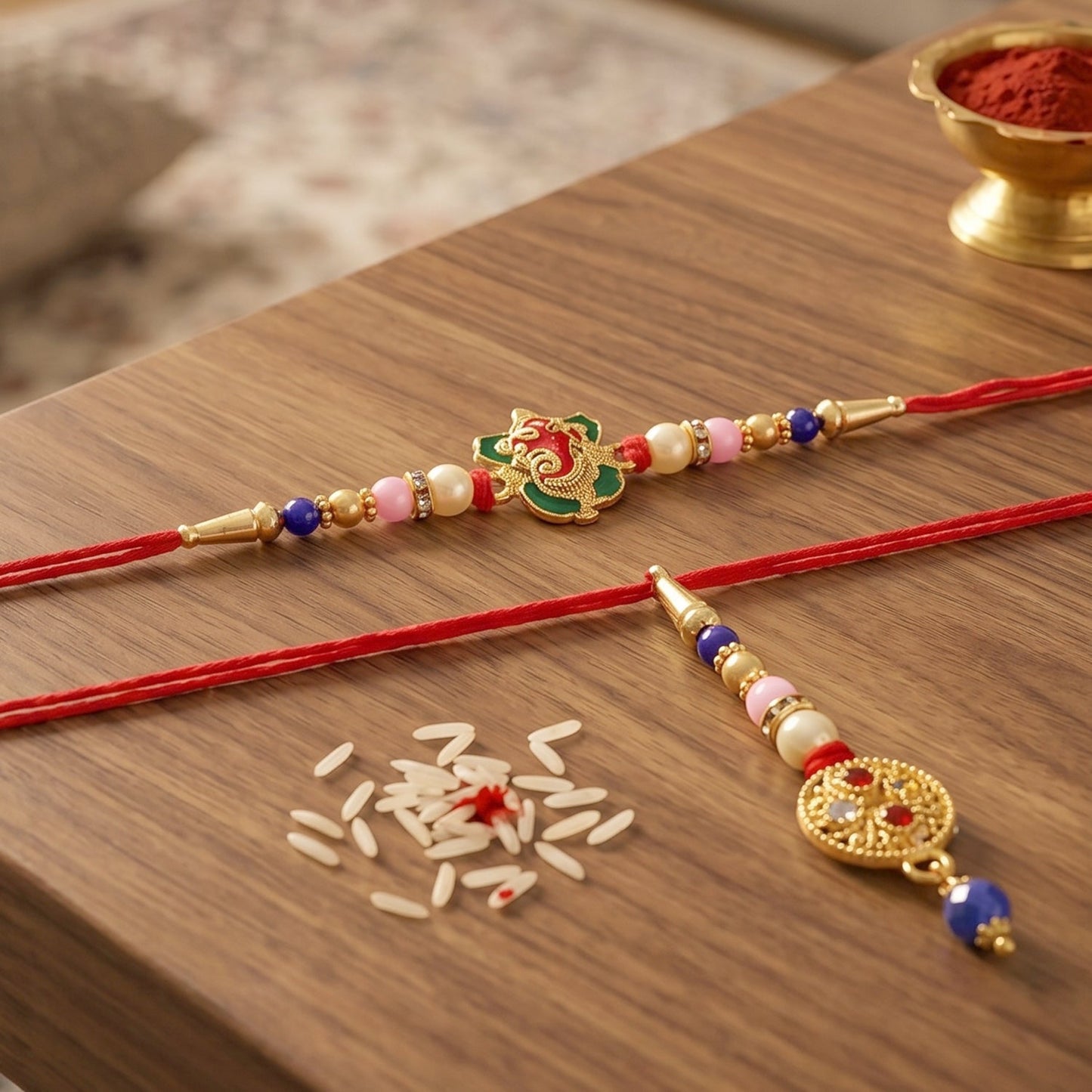 Side view showing detailed peacock design on Bhabhi Rakhi