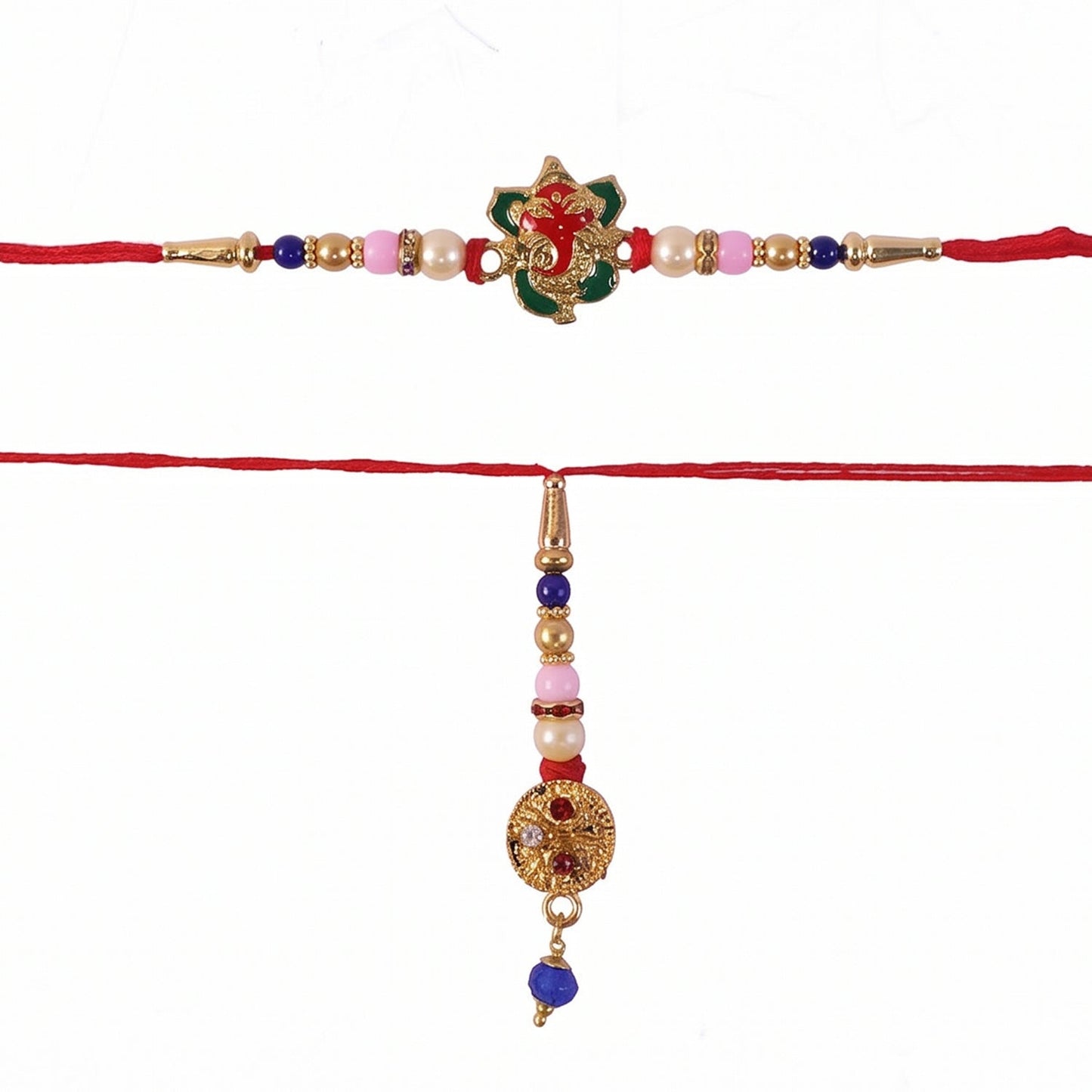 Close-up of peacock motif on Floral Bhabhi Rakhi with pastel beads