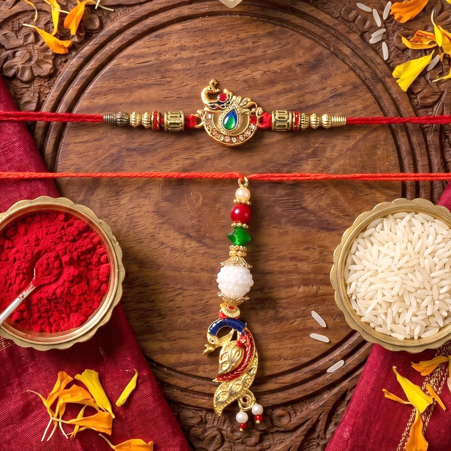 Side view of Peacock Kundan Bhabhi Rakhi with pearl detailing