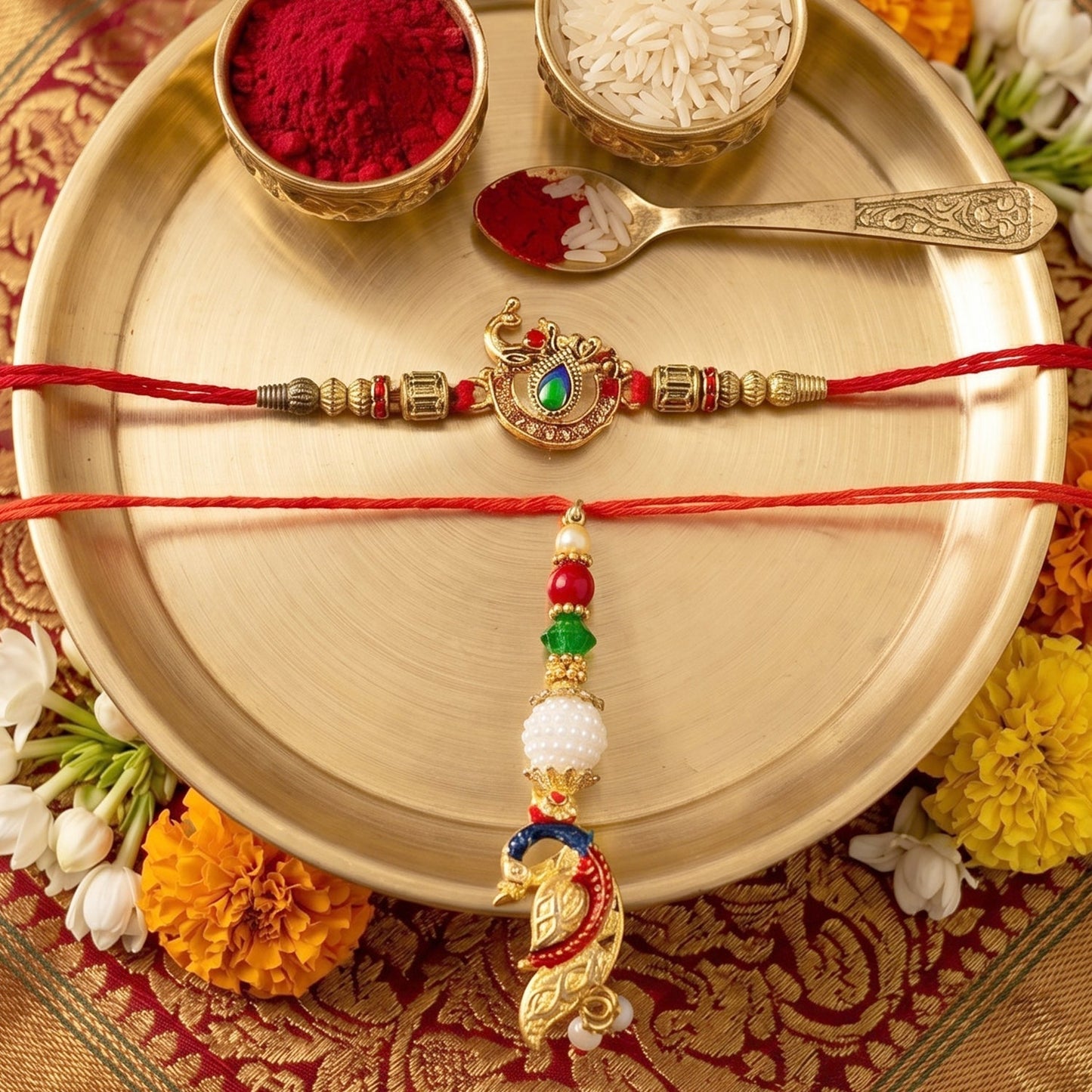 Close-up of Peacock Kundan Bhabhi Rakhi with Pearl Latkan showing intricate design