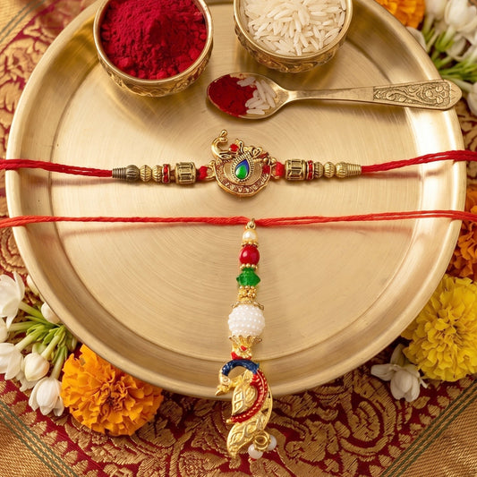 Close-up of Peacock Kundan Bhabhi Rakhi with Pearl Latkan showing intricate design