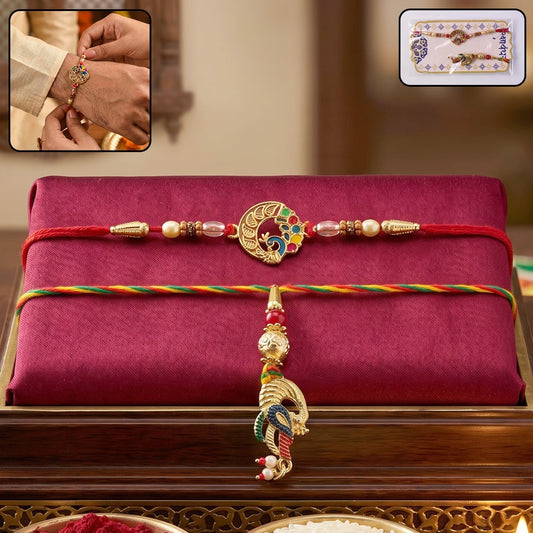 Front view of Peacock Charm Bhabhi Rakhi with maroon gift box