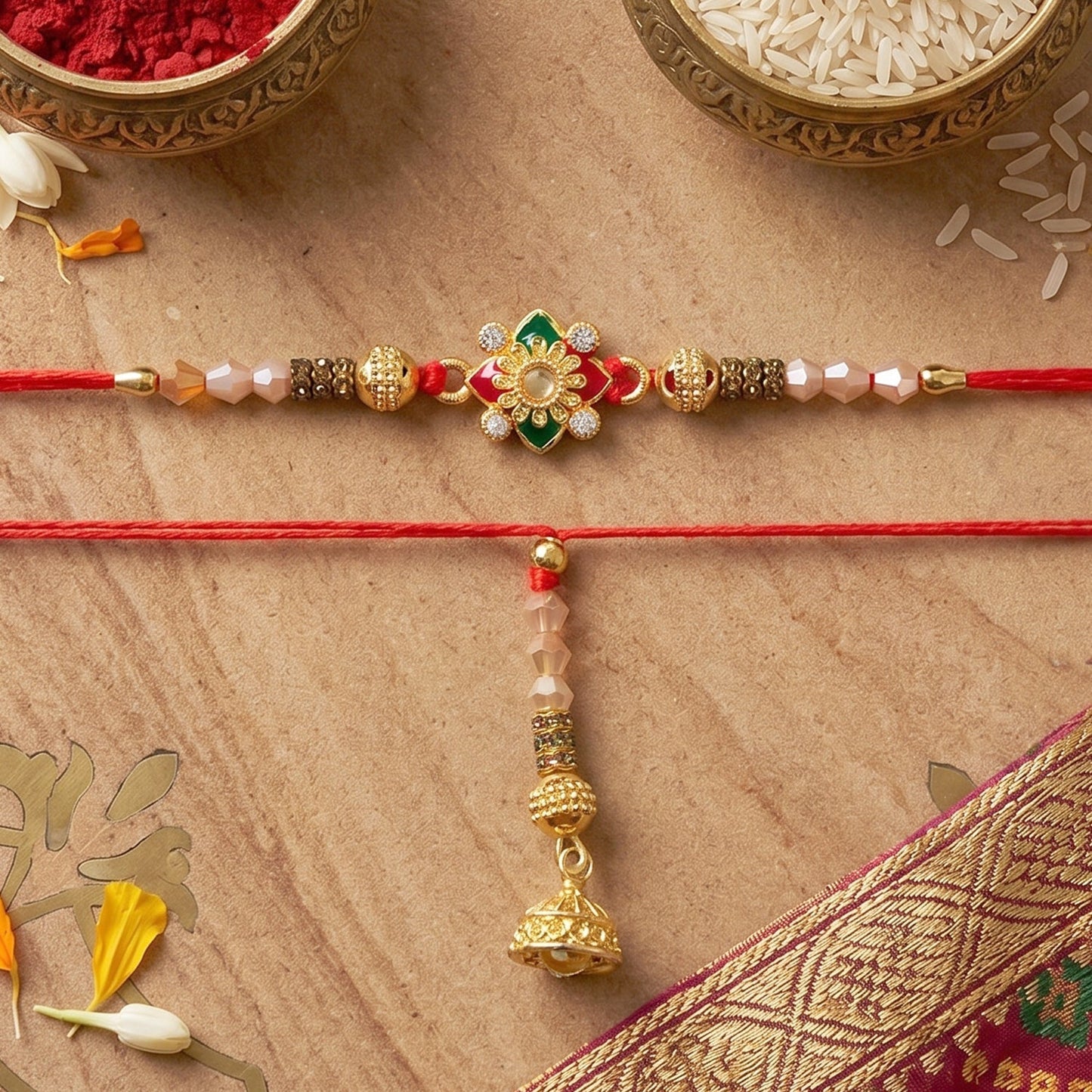 Pearl and latkan design details on Floral Pearl Bhabhi Rakhi