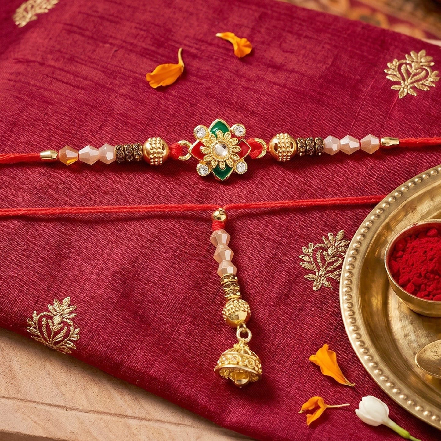 Close-up of golden latkan and thread on Floral Pearl Bhabhi Rakhi