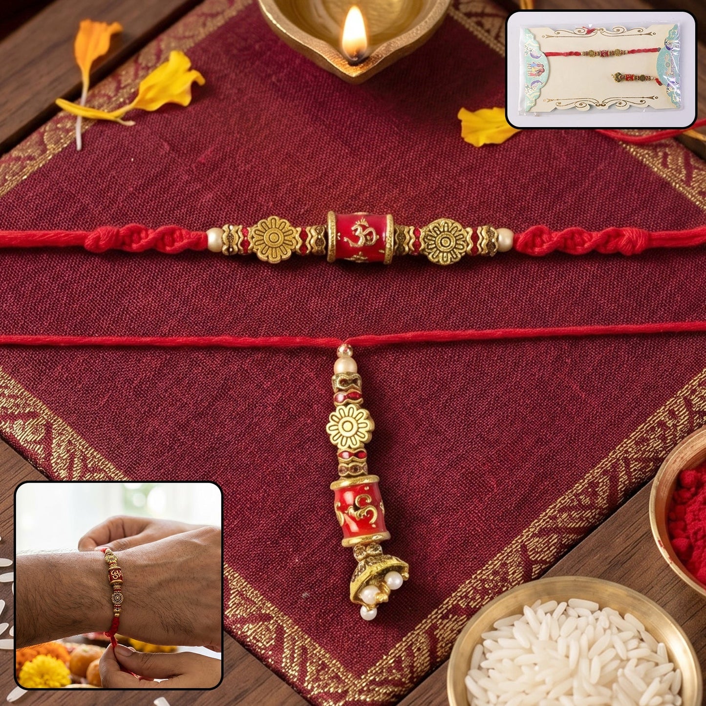 Detailed view of beads and hanging charm on Rakhi