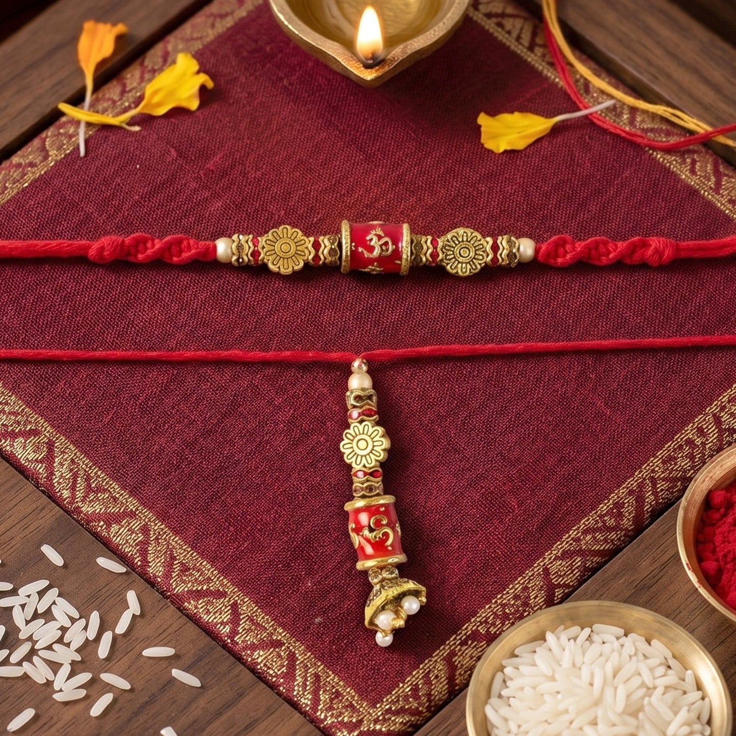 Side view of elegant Red Gold Bead Rakhi featuring hanging charm
