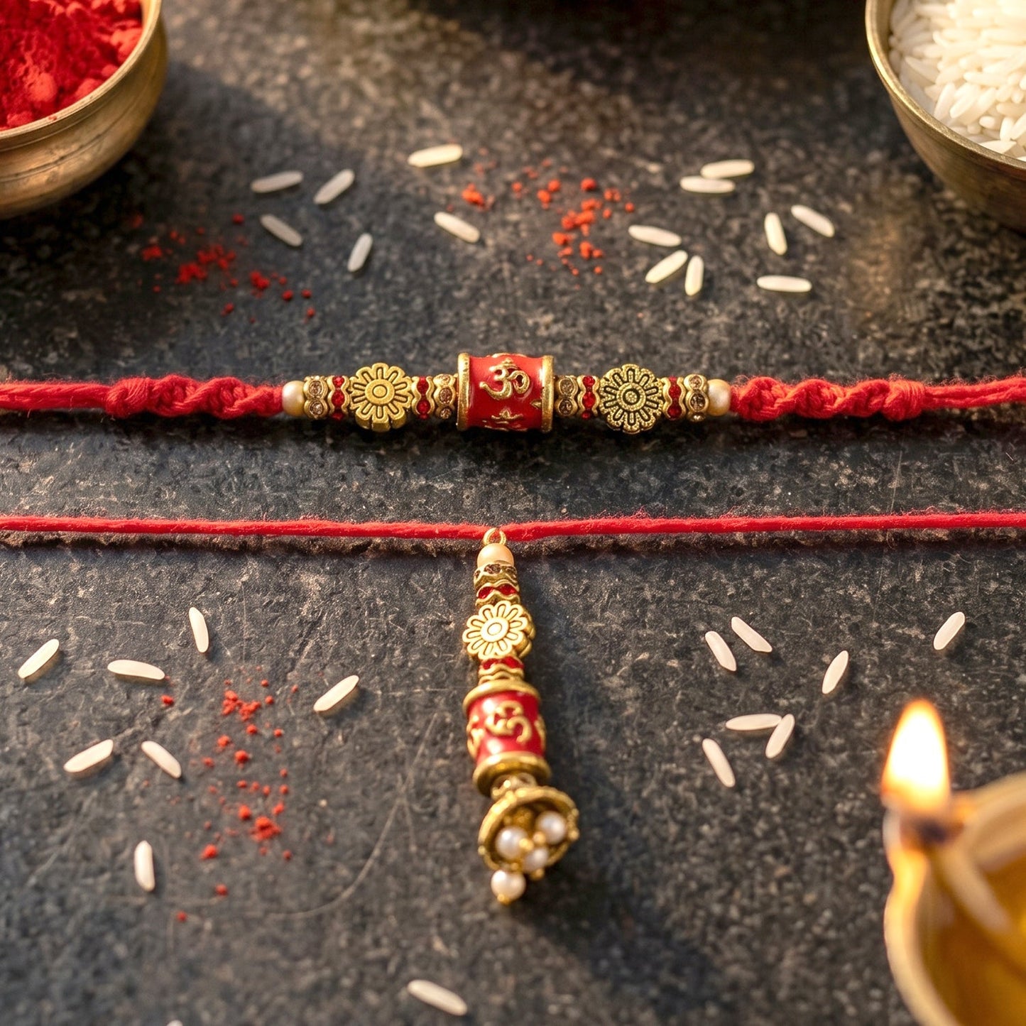 Red Gold Bead Rakhi with hanging charm and intricate design