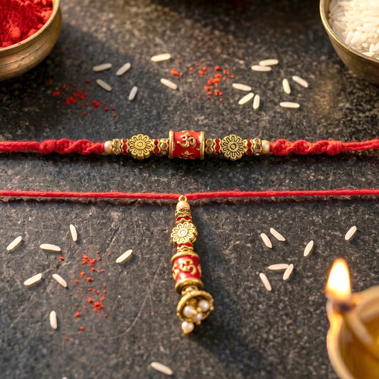 Red Gold Bead Rakhi with hanging charm and intricate design