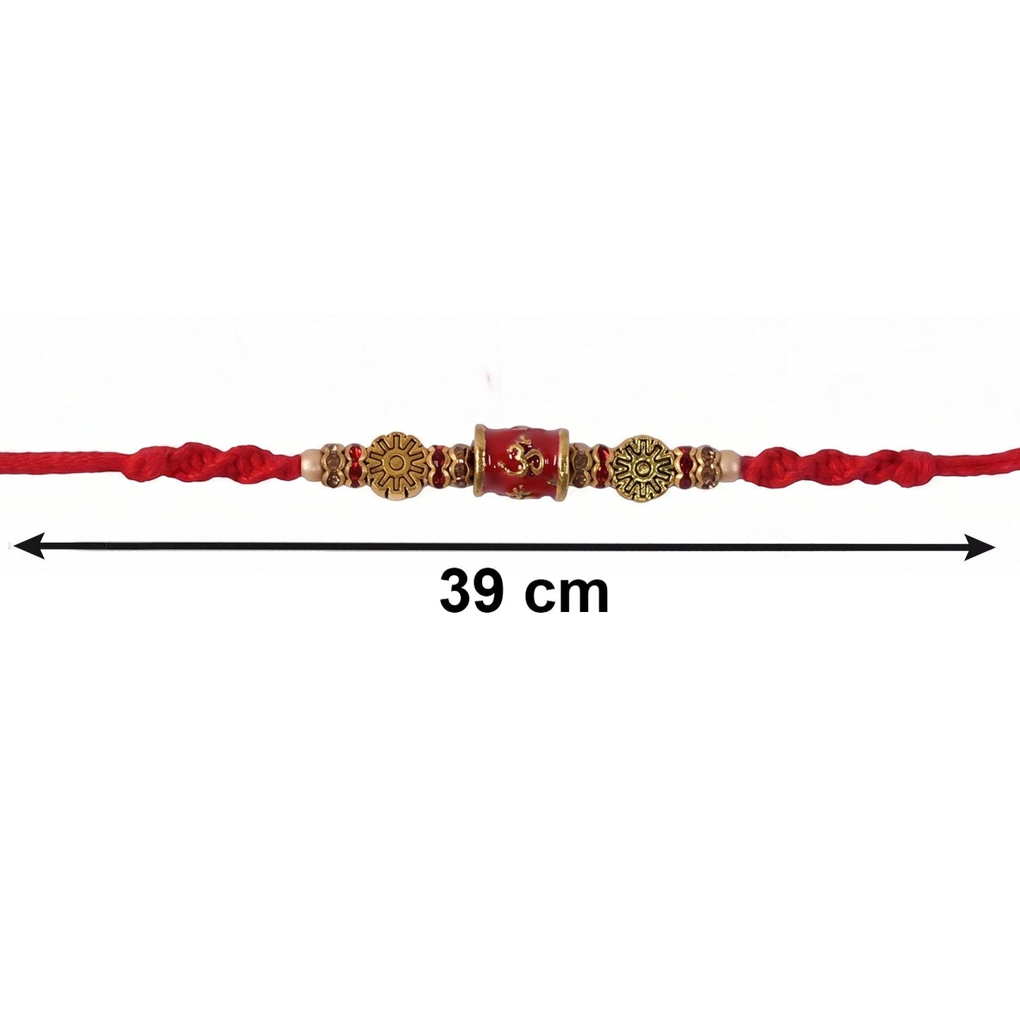 Close-up of hanging charm on Red Gold Bead Rakhi