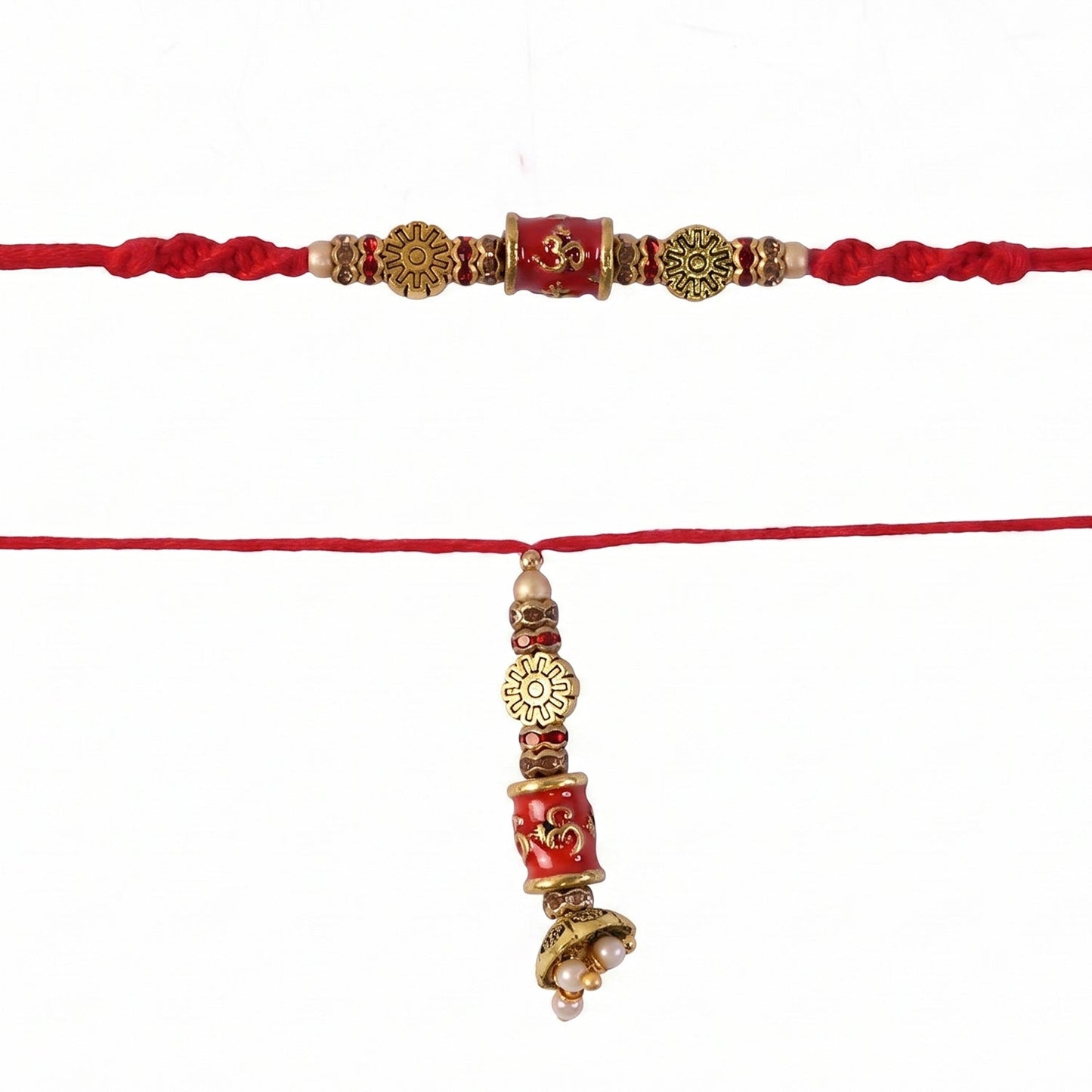 Flat lay of Red Gold Bead Rakhi showcasing design details