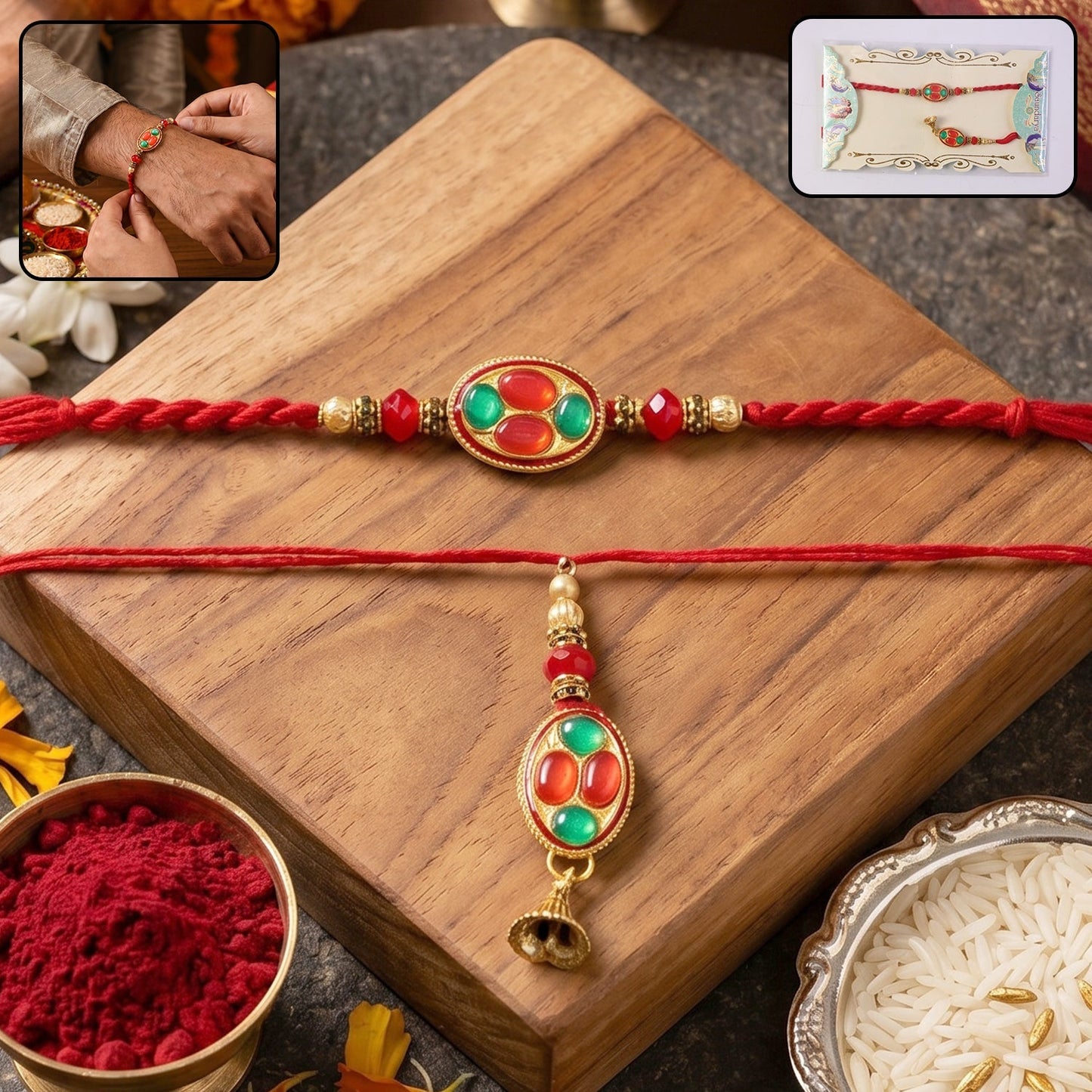 Front view of elegant oval stone Bhabhi Rakhi with gold tone latkan