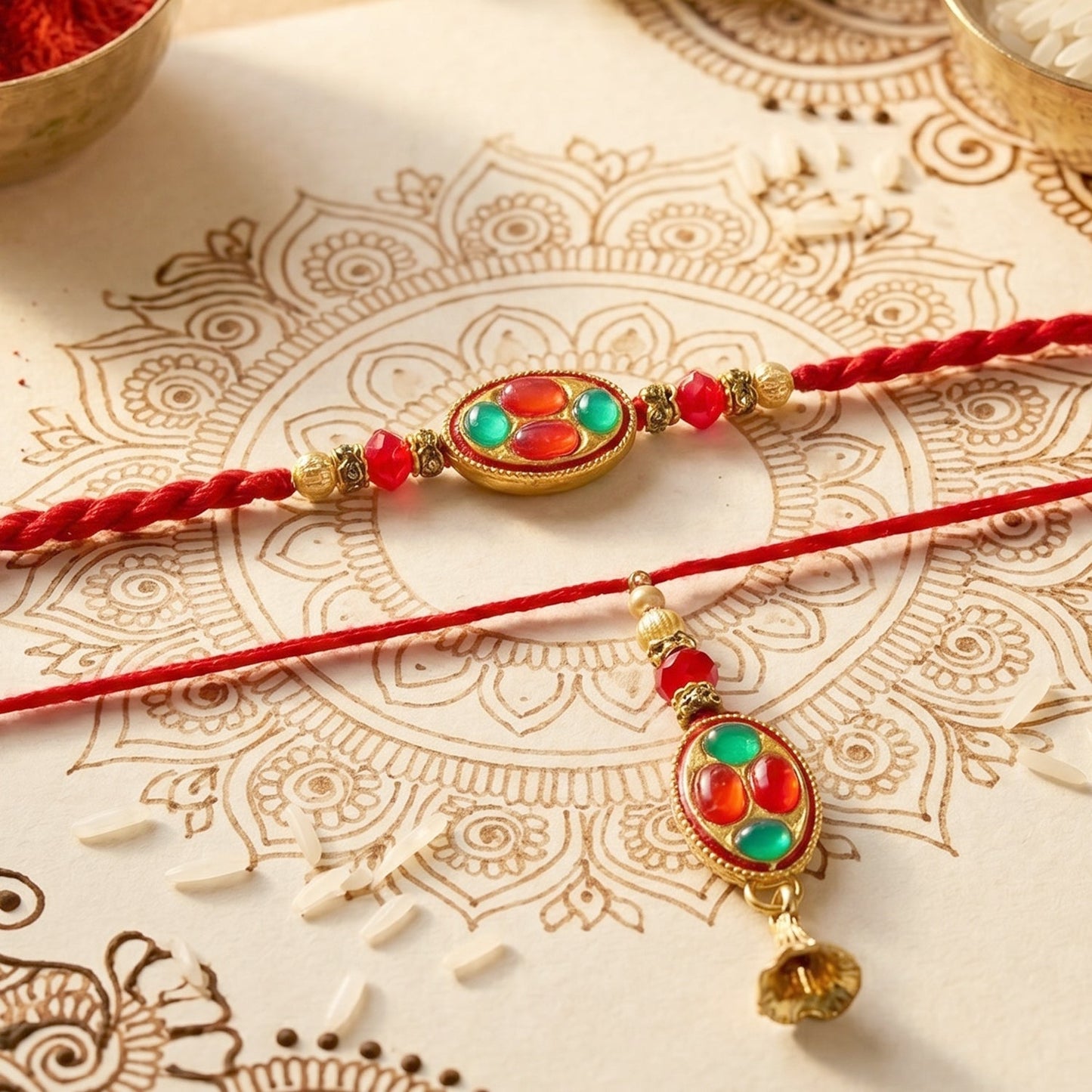Bhabhi Rakhi worn on wrist showing gold tone latkan