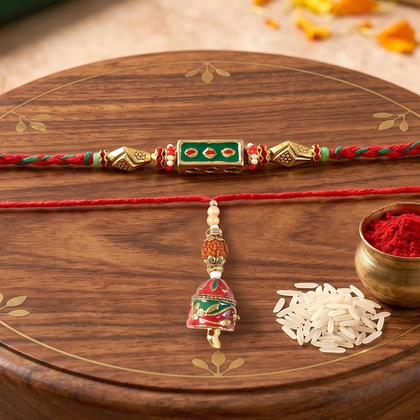 Close-up of Meenakari Rectangle Rakhi with pearl drop, traditional design
