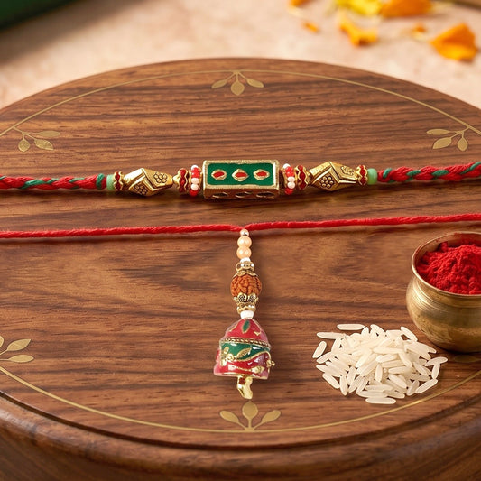 Close-up of Meenakari Rectangle Rakhi with pearl drop, traditional design
