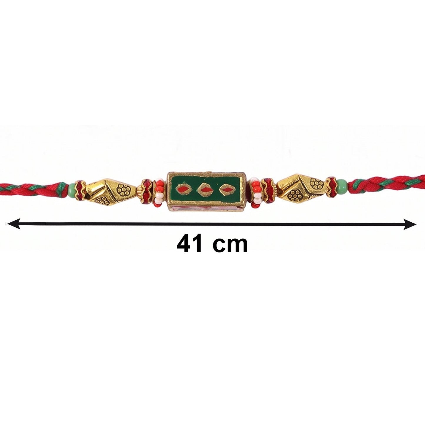 Hand holding Meenakari rectangle Rakhi, detailed craftsmanship