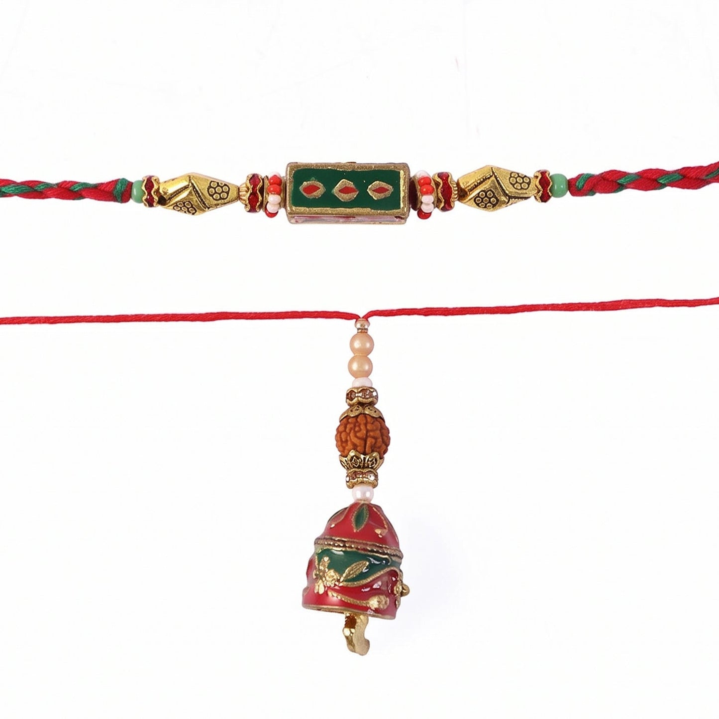 Close-up of pearl drop on Meenakari rectangle Rakhi