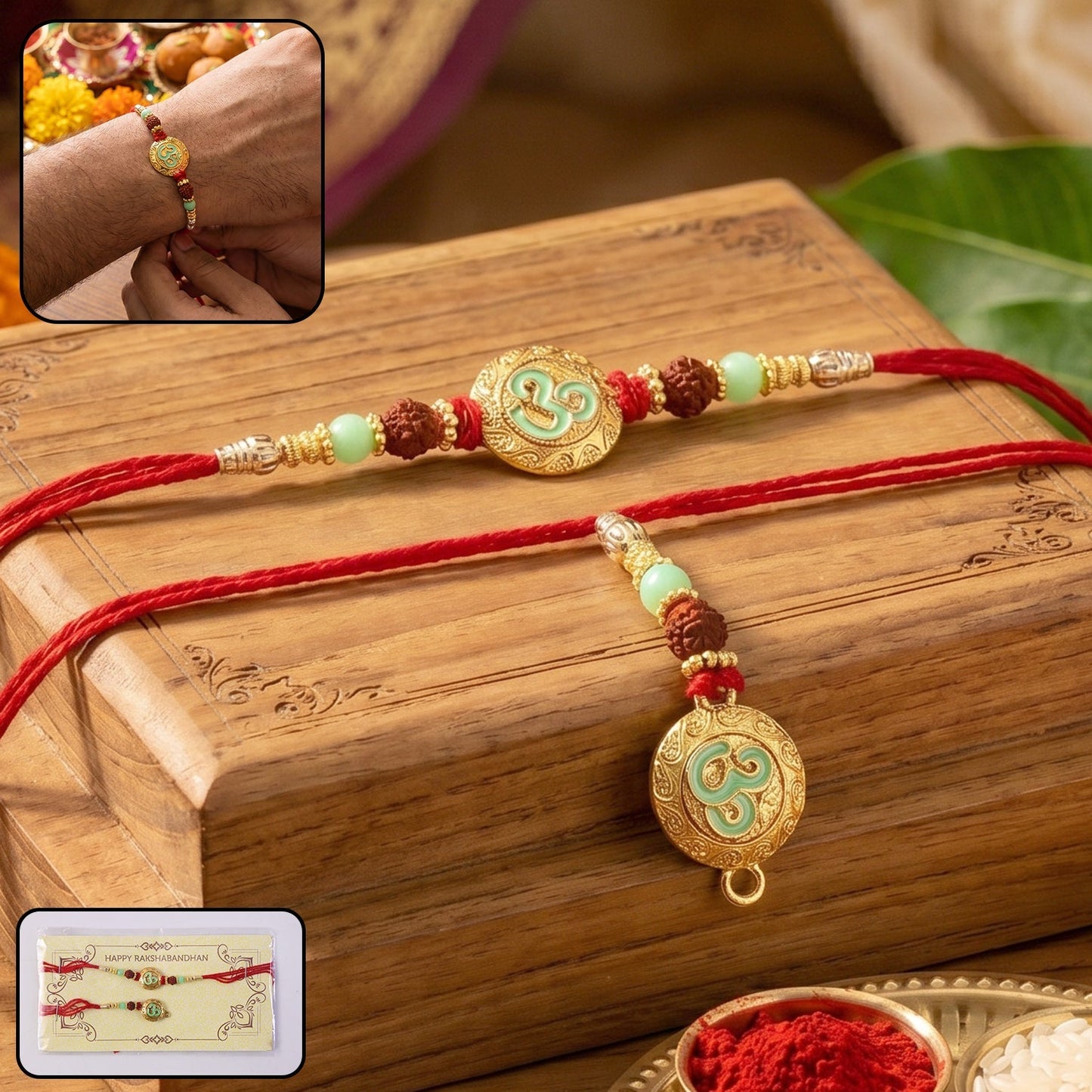 Flat lay of Bhabhi Rakhi with pearl beads