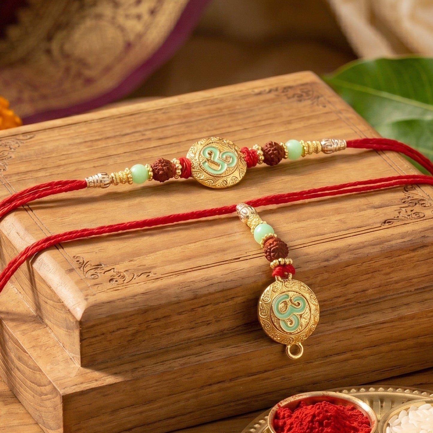 Swirl coin Bhabhi Rakhi with pearl beads and intricate design