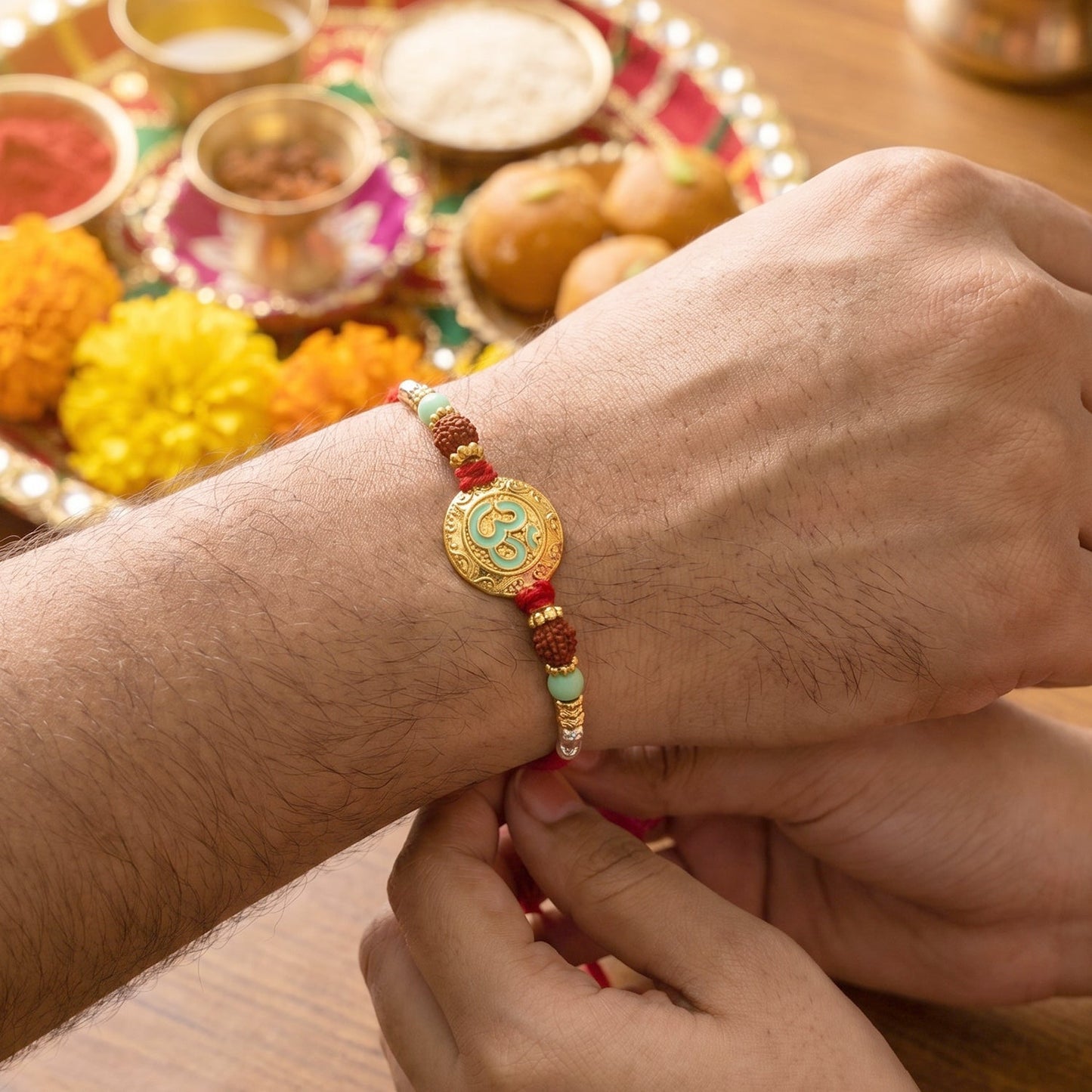 Top view of Bhabhi Rakhi showcasing swirl coin centerpiece