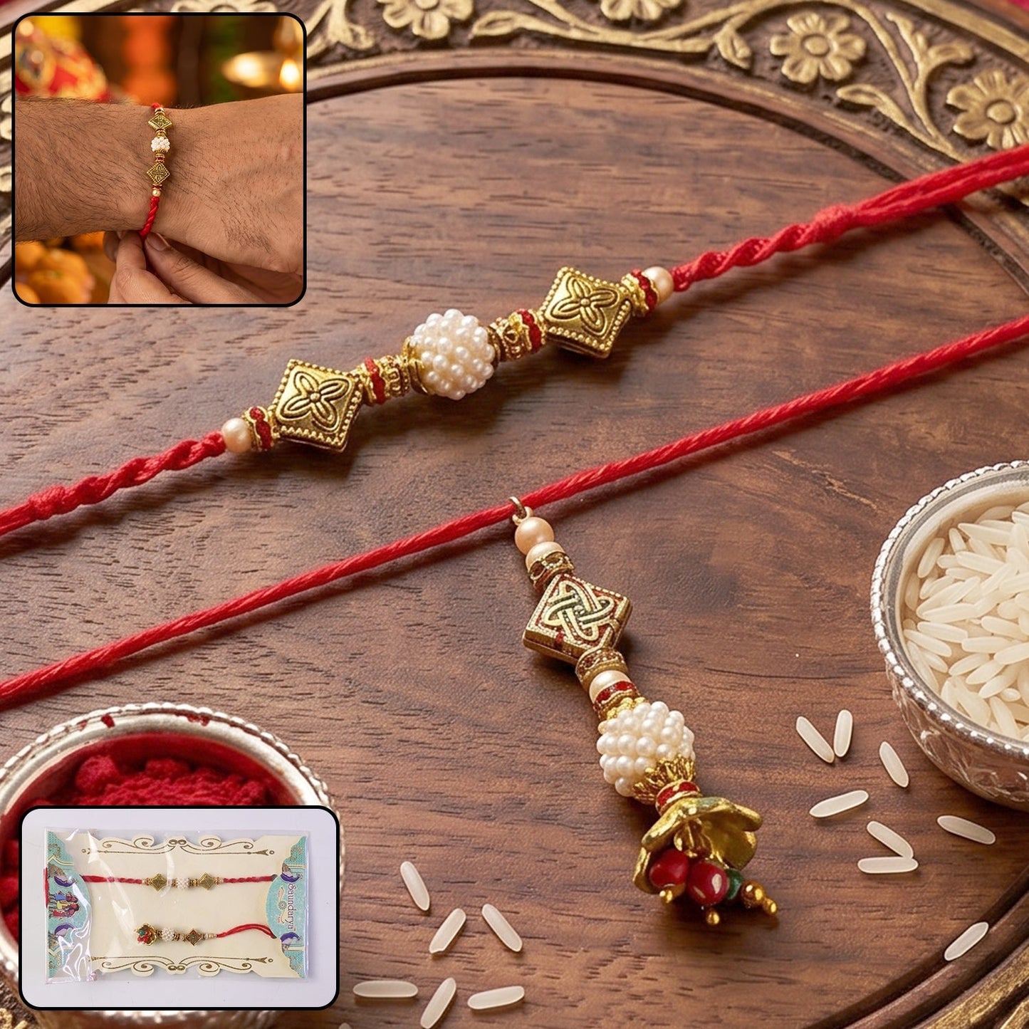 Pearl Cube Bhabhi Rakhi with antique latkan front view